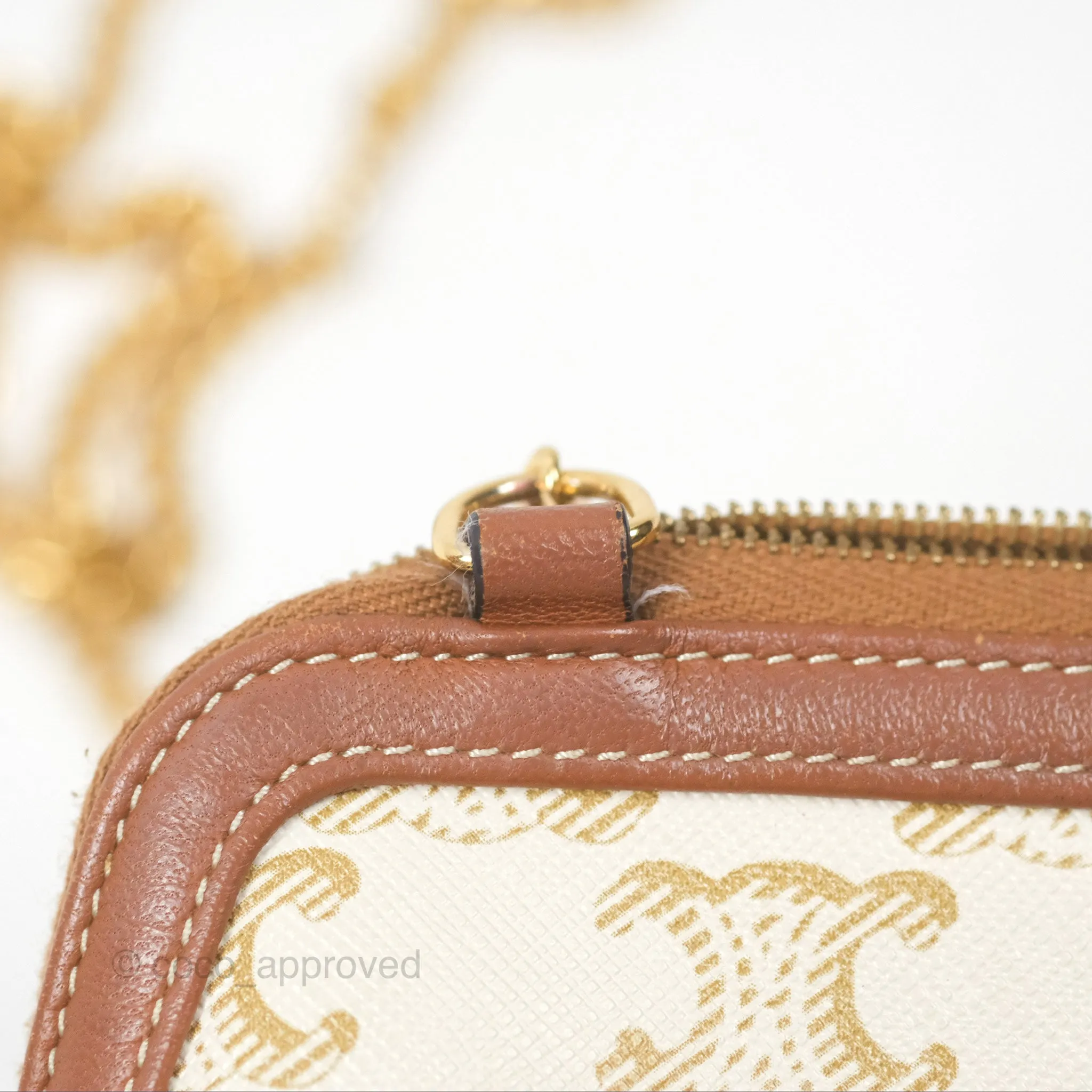 Celine Clutch With Chain Triomphe Canvas Lambskin White/Tan