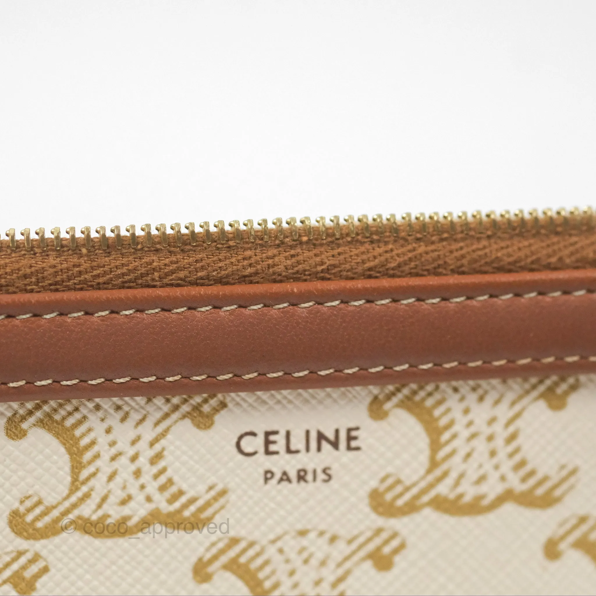 Celine Clutch With Chain Triomphe Canvas Lambskin White/Tan