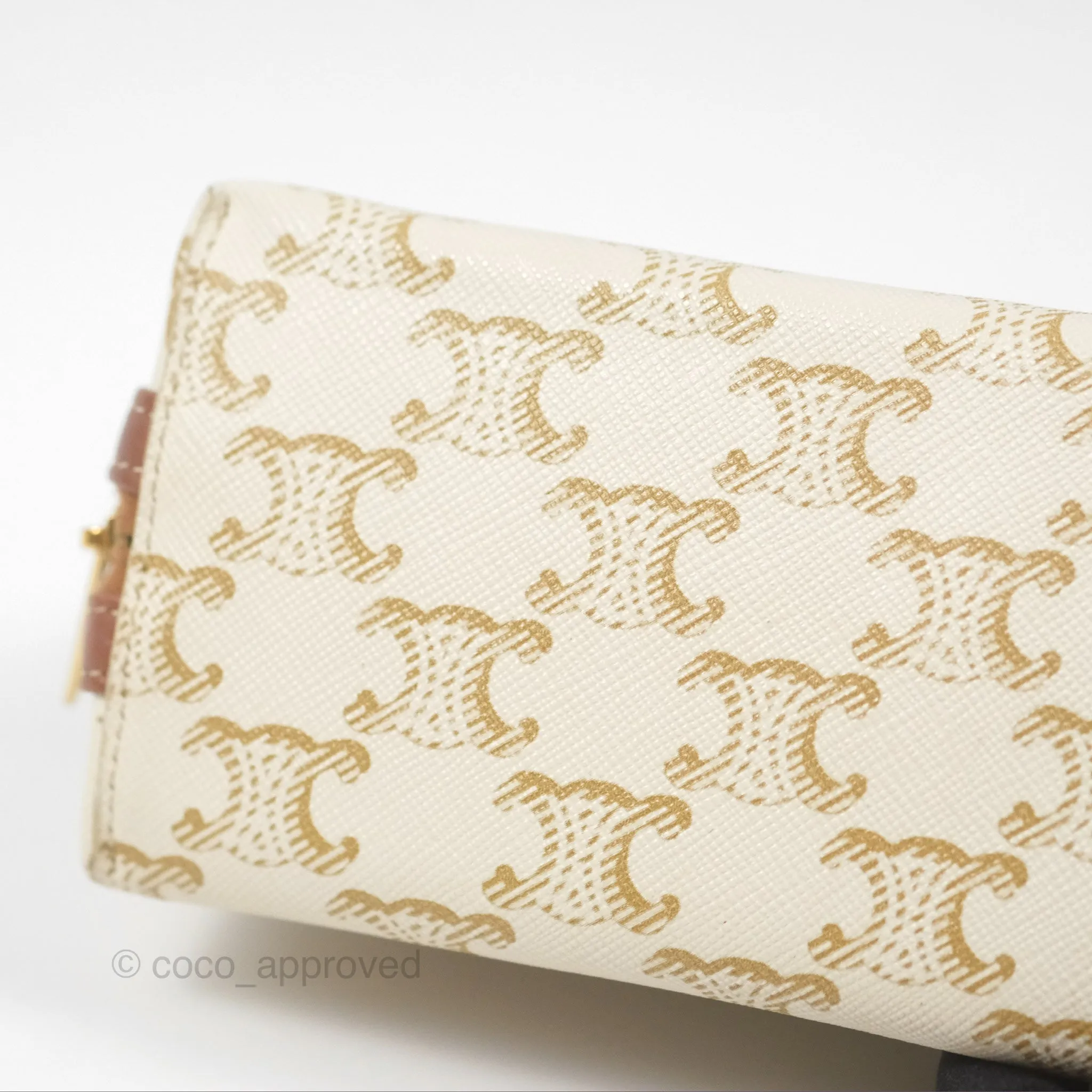 Celine Clutch With Chain Triomphe Canvas Lambskin White/Tan