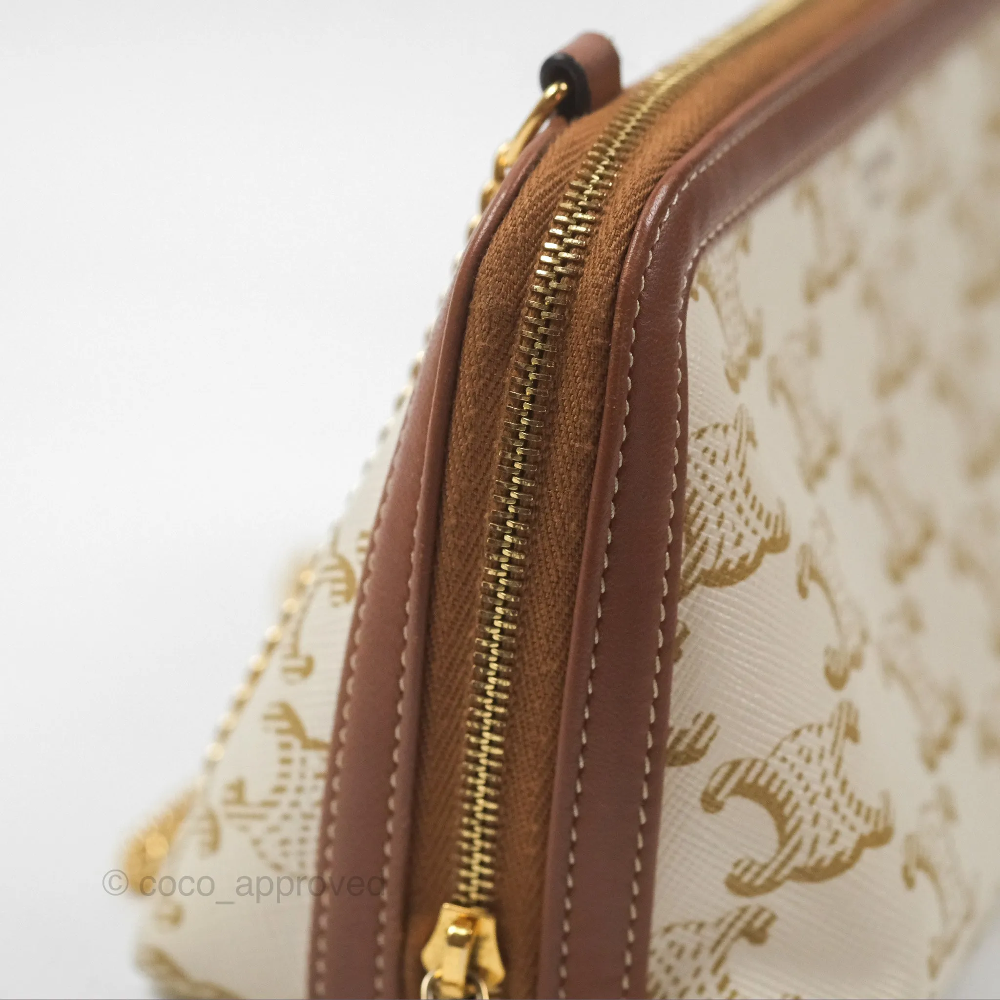 Celine Clutch With Chain Triomphe Canvas Lambskin White/Tan