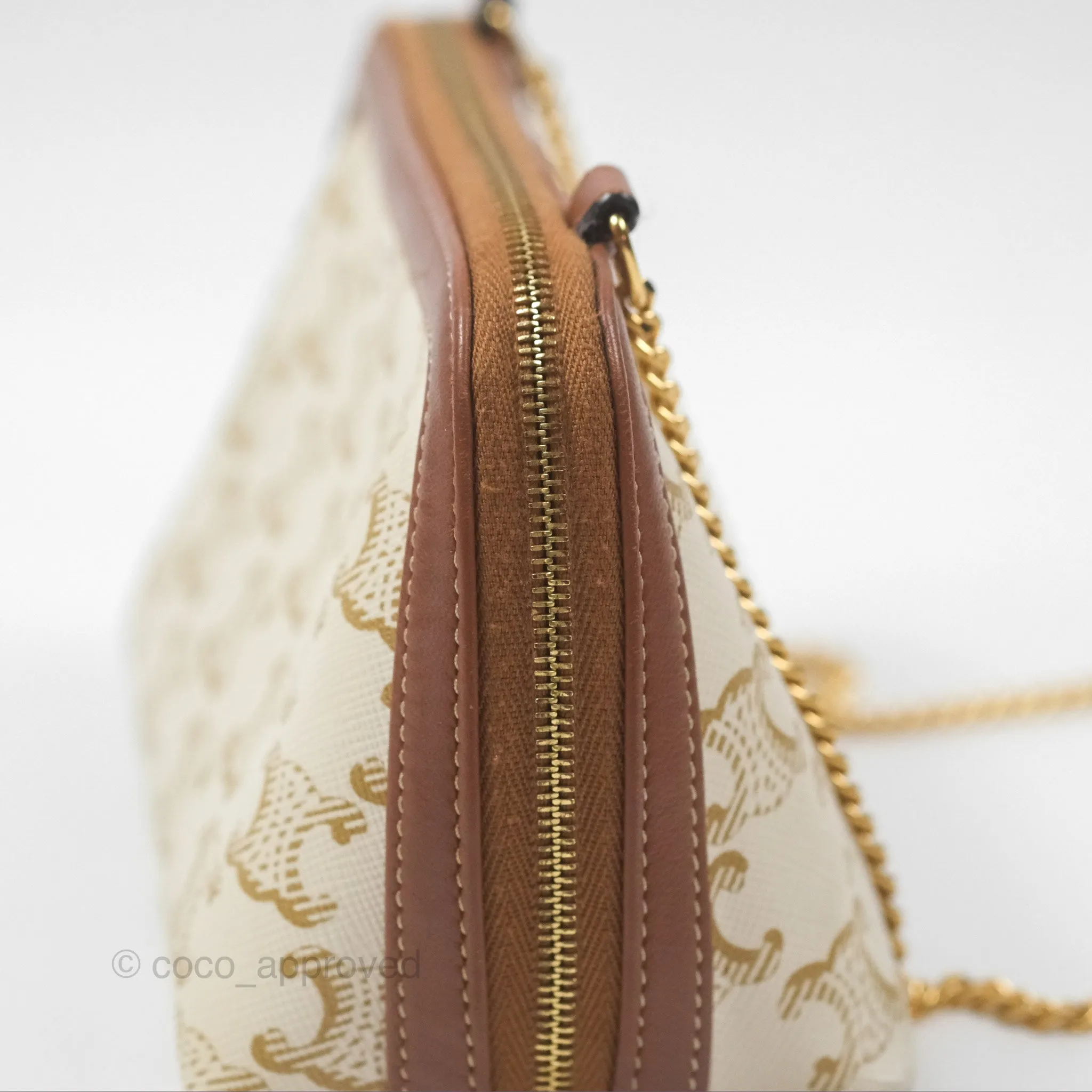 Celine Clutch With Chain Triomphe Canvas Lambskin White/Tan