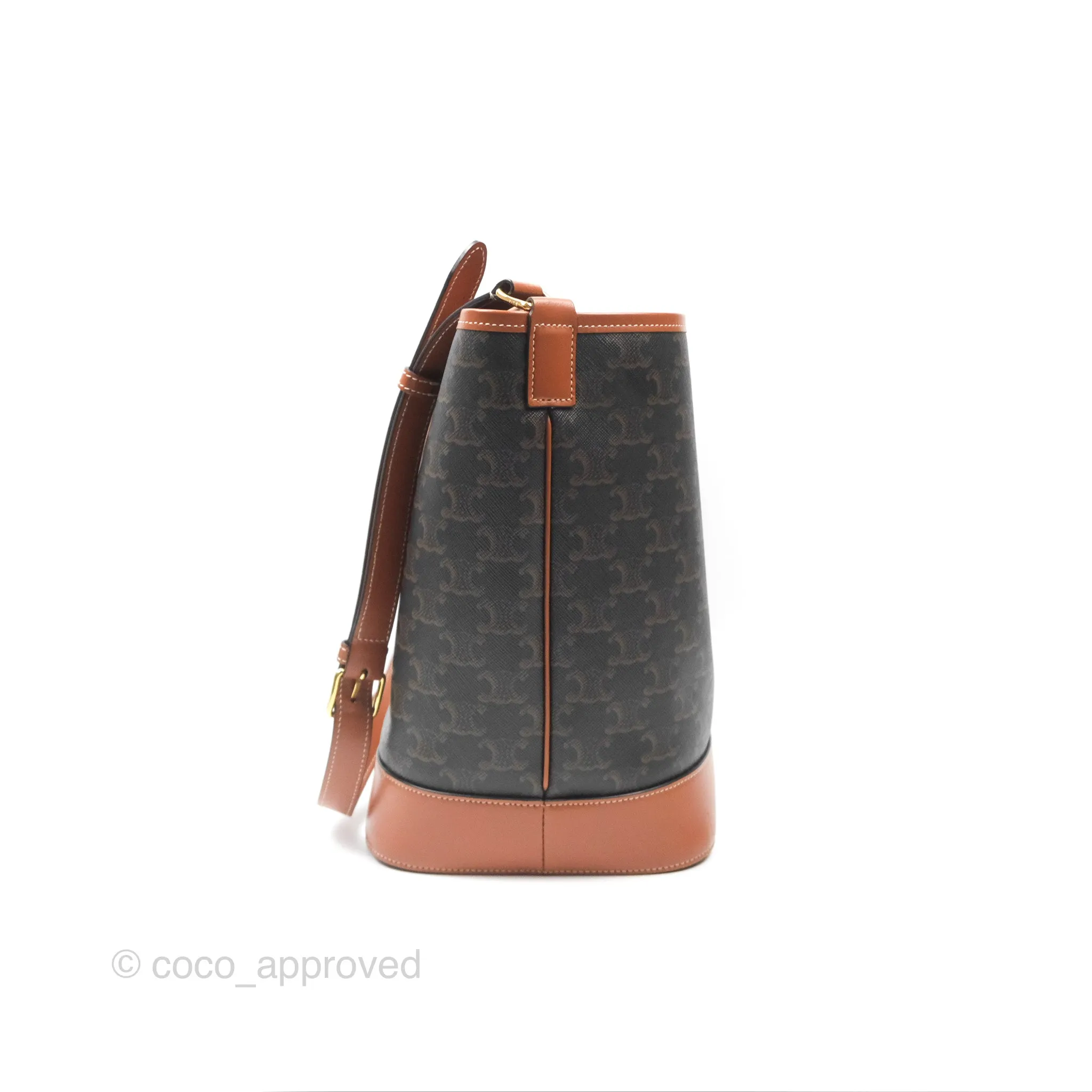 Celine Medium Bucket Bag Triomphe Canvas Tan Calfskin