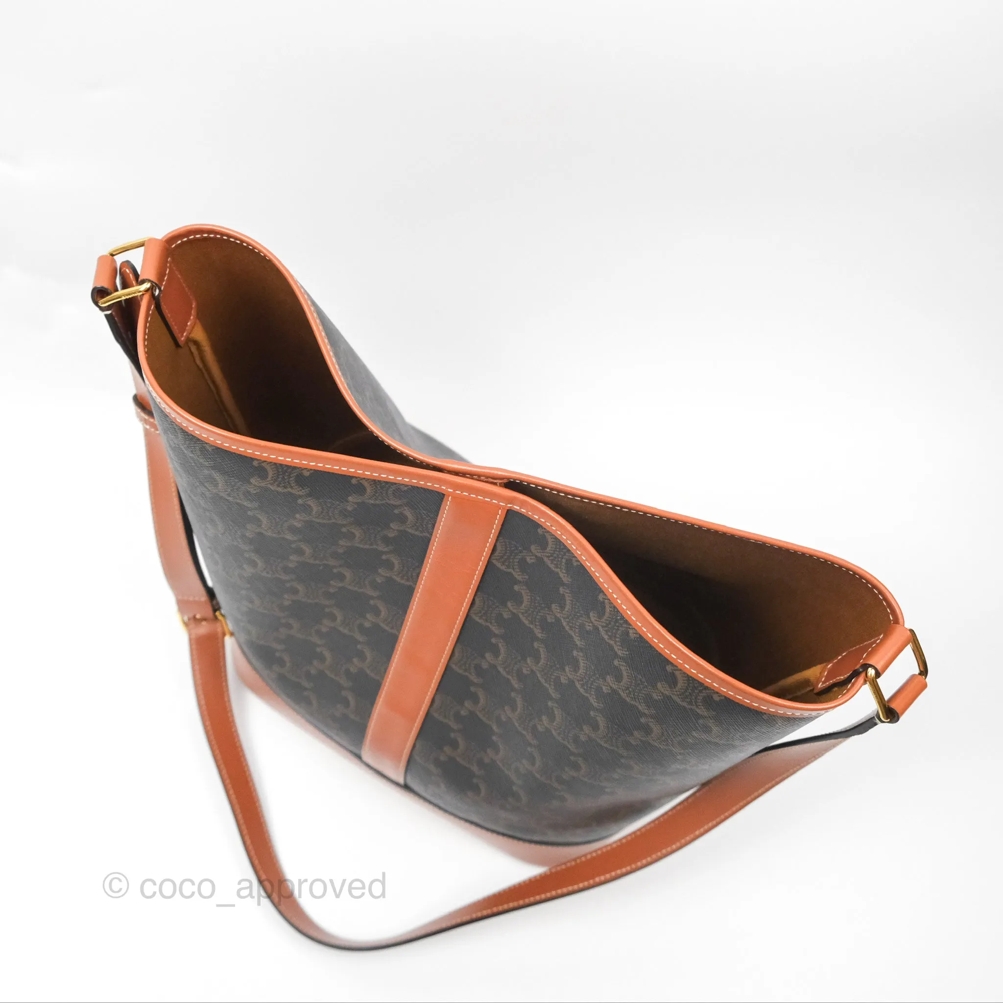 Celine Medium Bucket Bag Triomphe Canvas Tan Calfskin