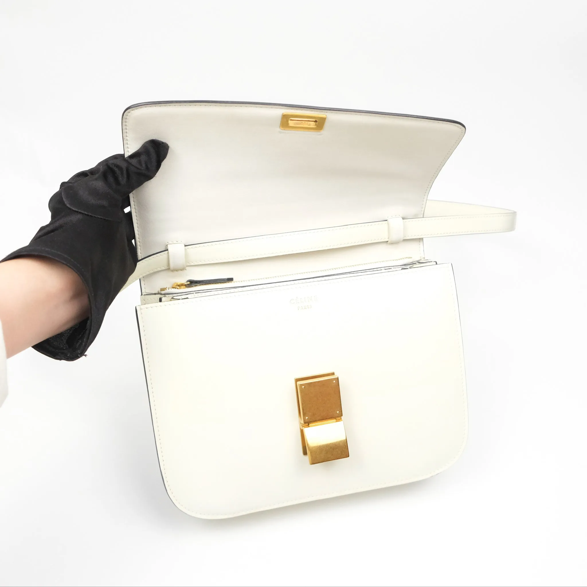 Celine Medium Classic Box Flap White Patent Gold Hardware