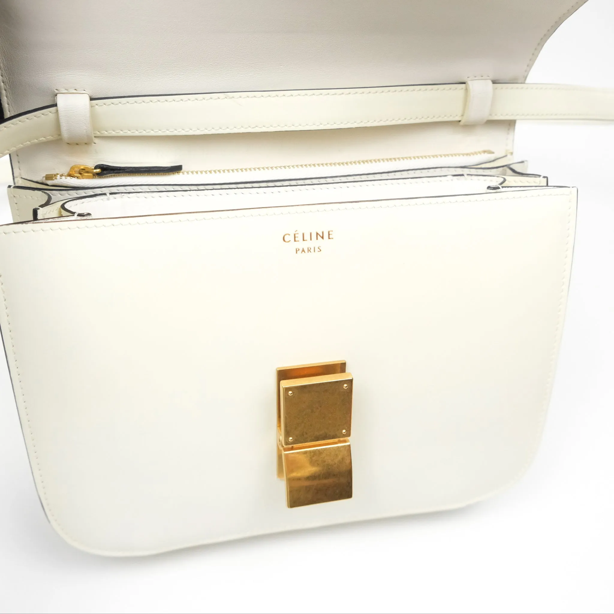 Celine Medium Classic Box Flap White Patent Gold Hardware