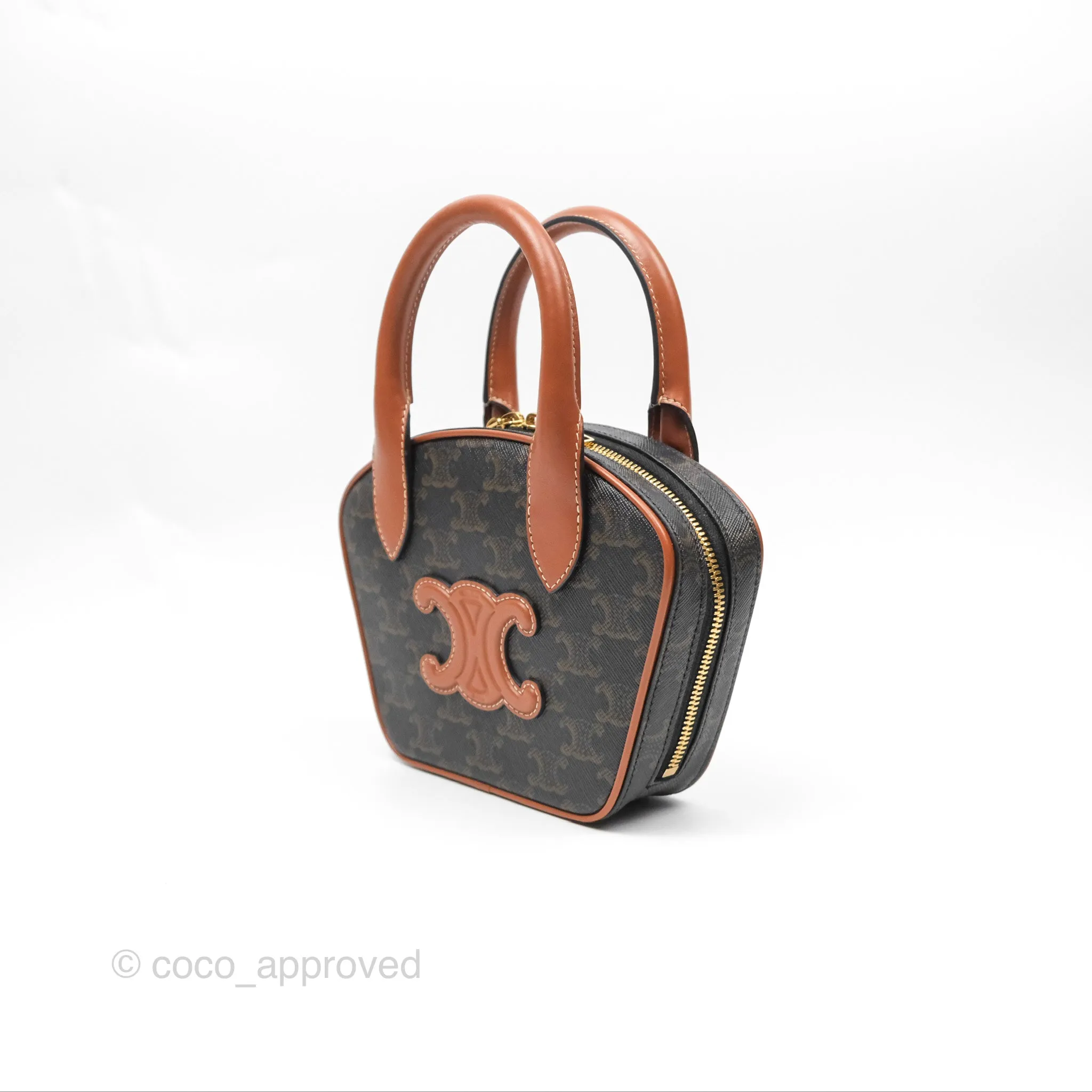 Celine Mini Bowling Bag Triomphe Canvas Tan Calfskin