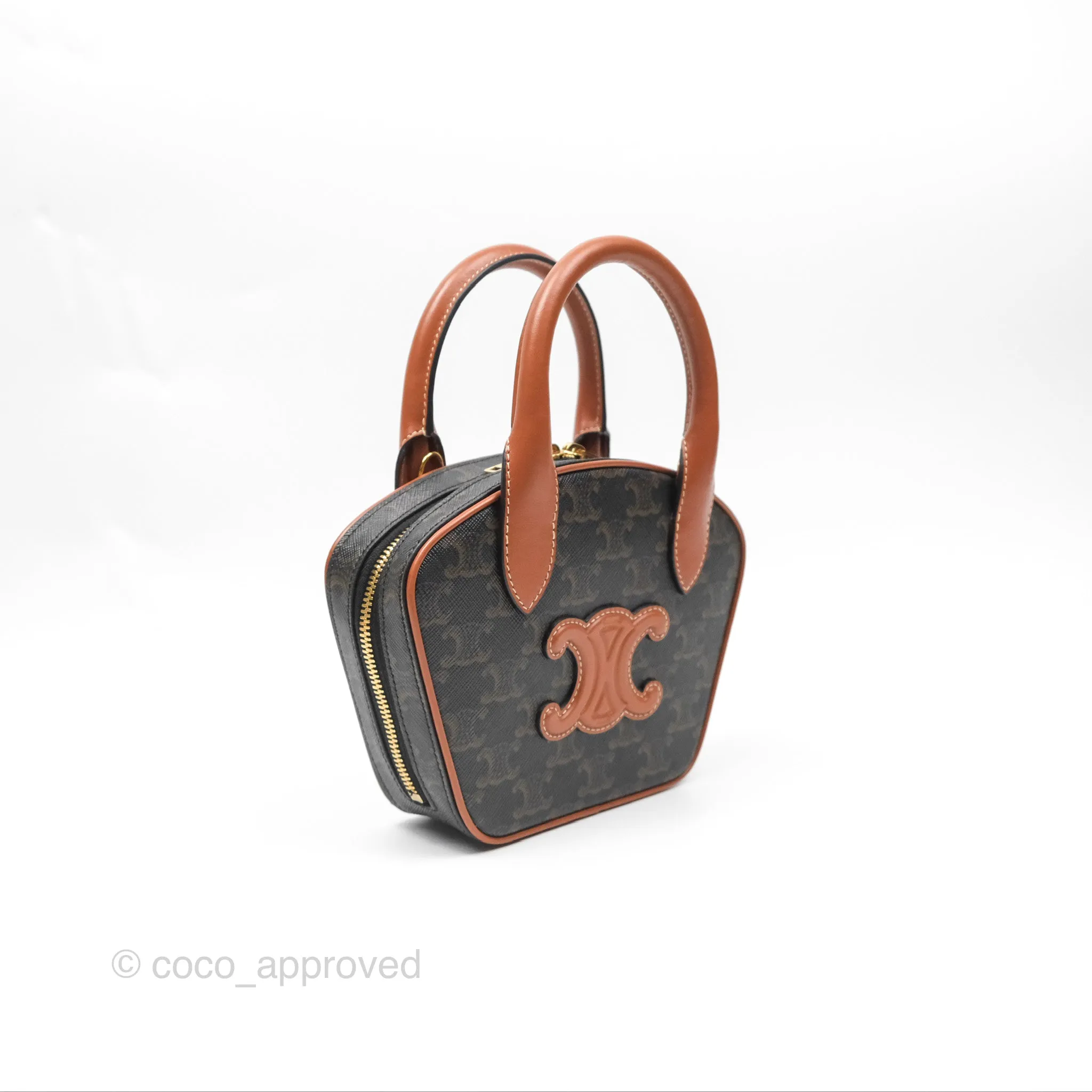 Celine Mini Bowling Bag Triomphe Canvas Tan Calfskin