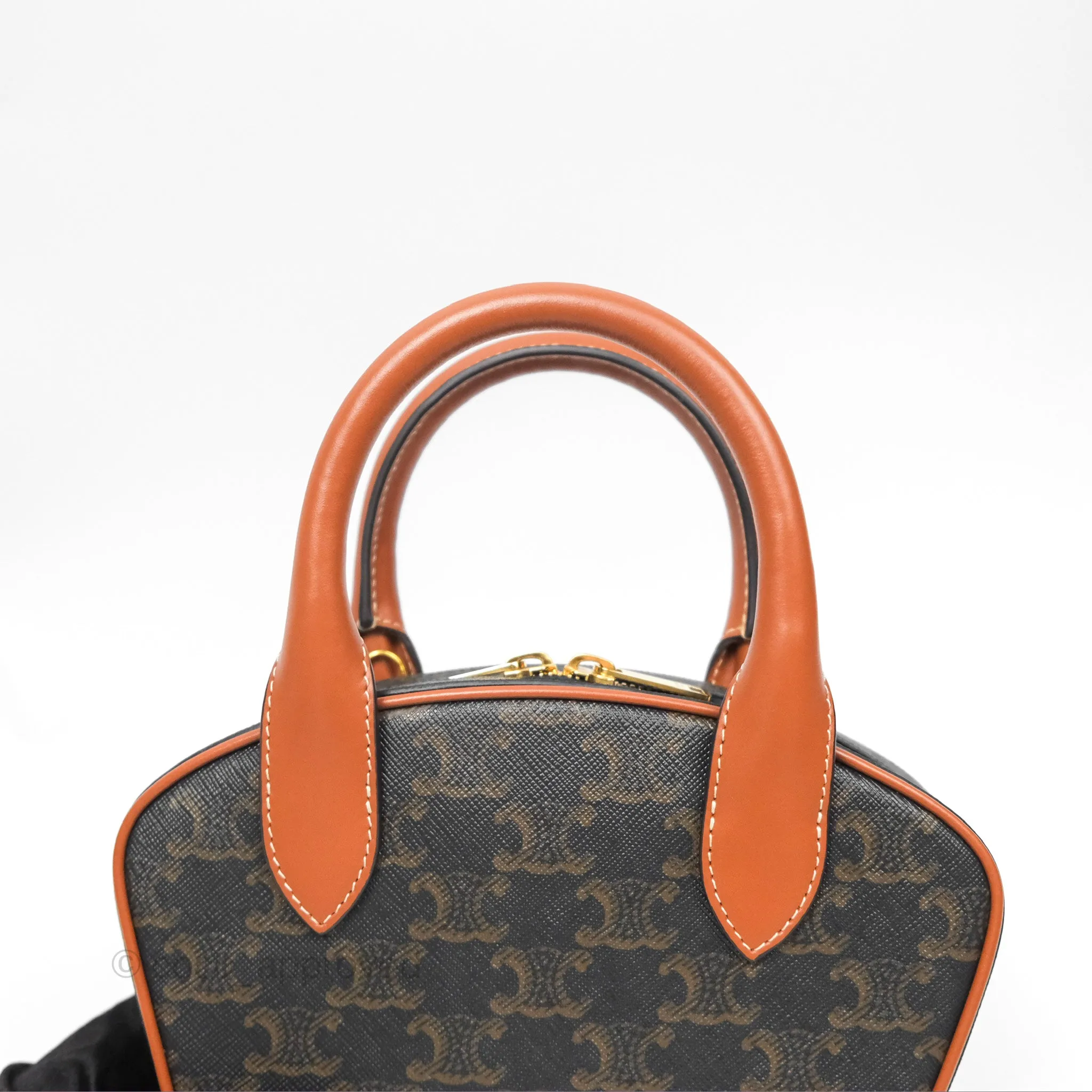 Celine Mini Bowling Bag Triomphe Canvas Tan Calfskin