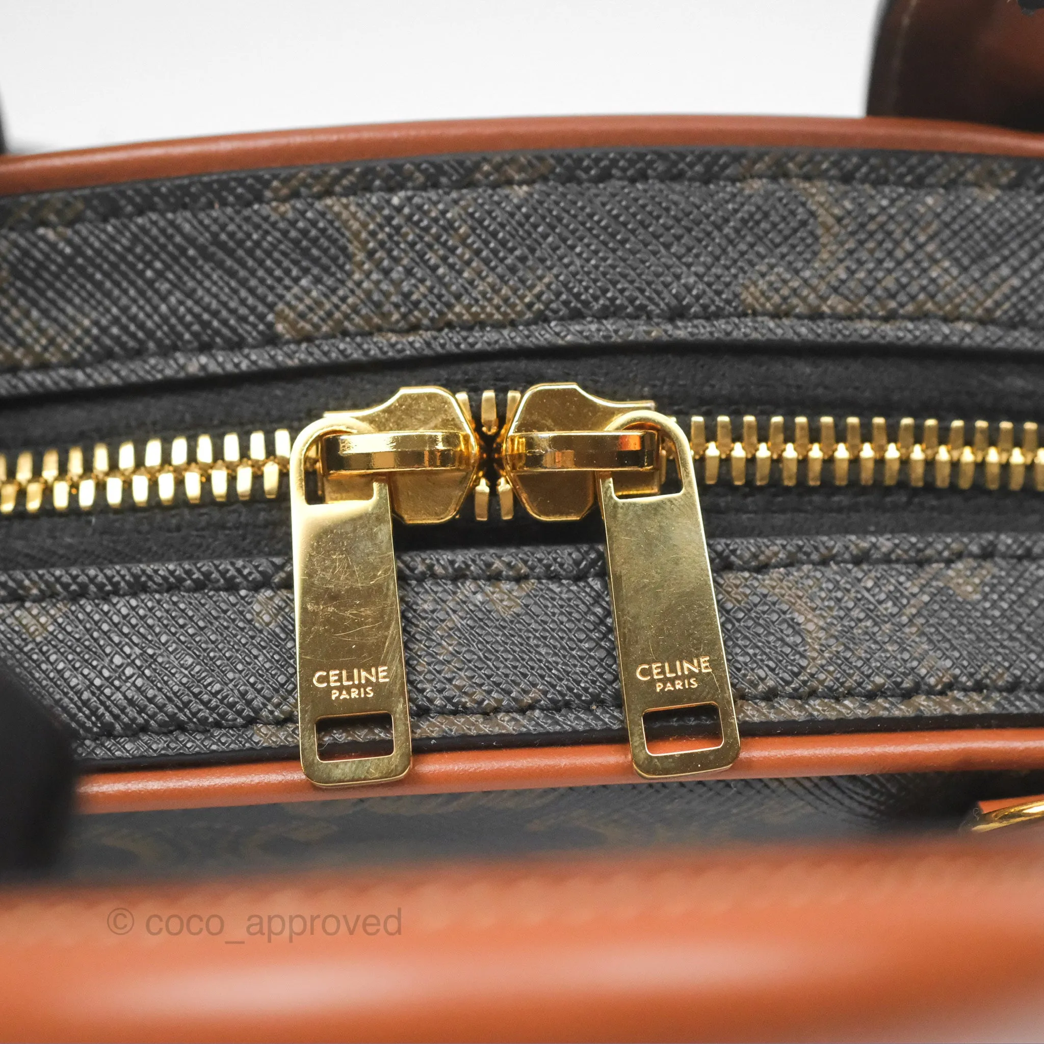 Celine Mini Bowling Bag Triomphe Canvas Tan Calfskin