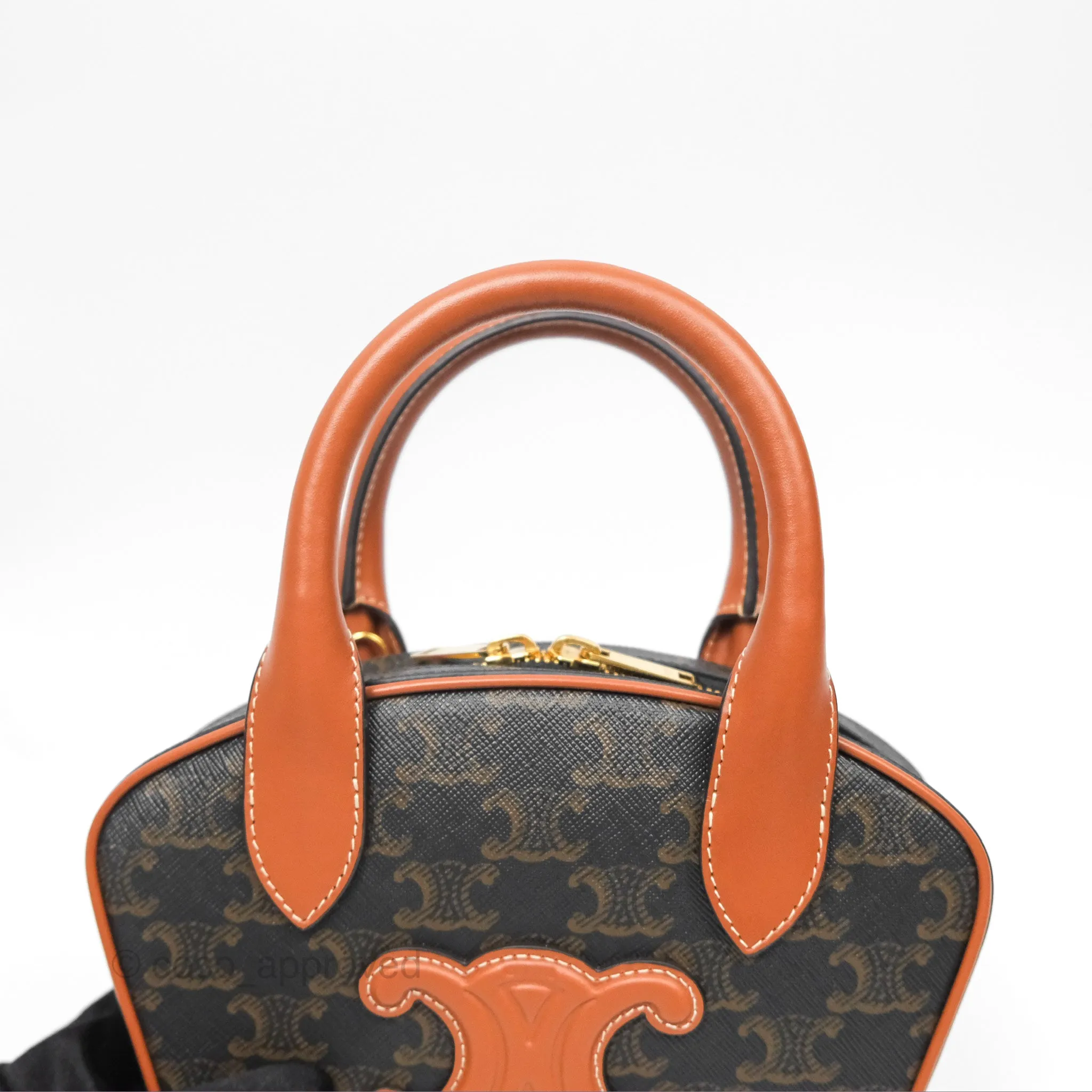Celine Mini Bowling Bag Triomphe Canvas Tan Calfskin