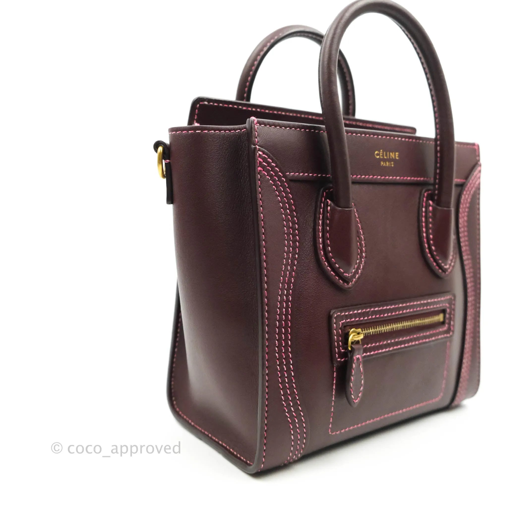 Celine Nano Luggage Bag Burgundy Gold Hardware