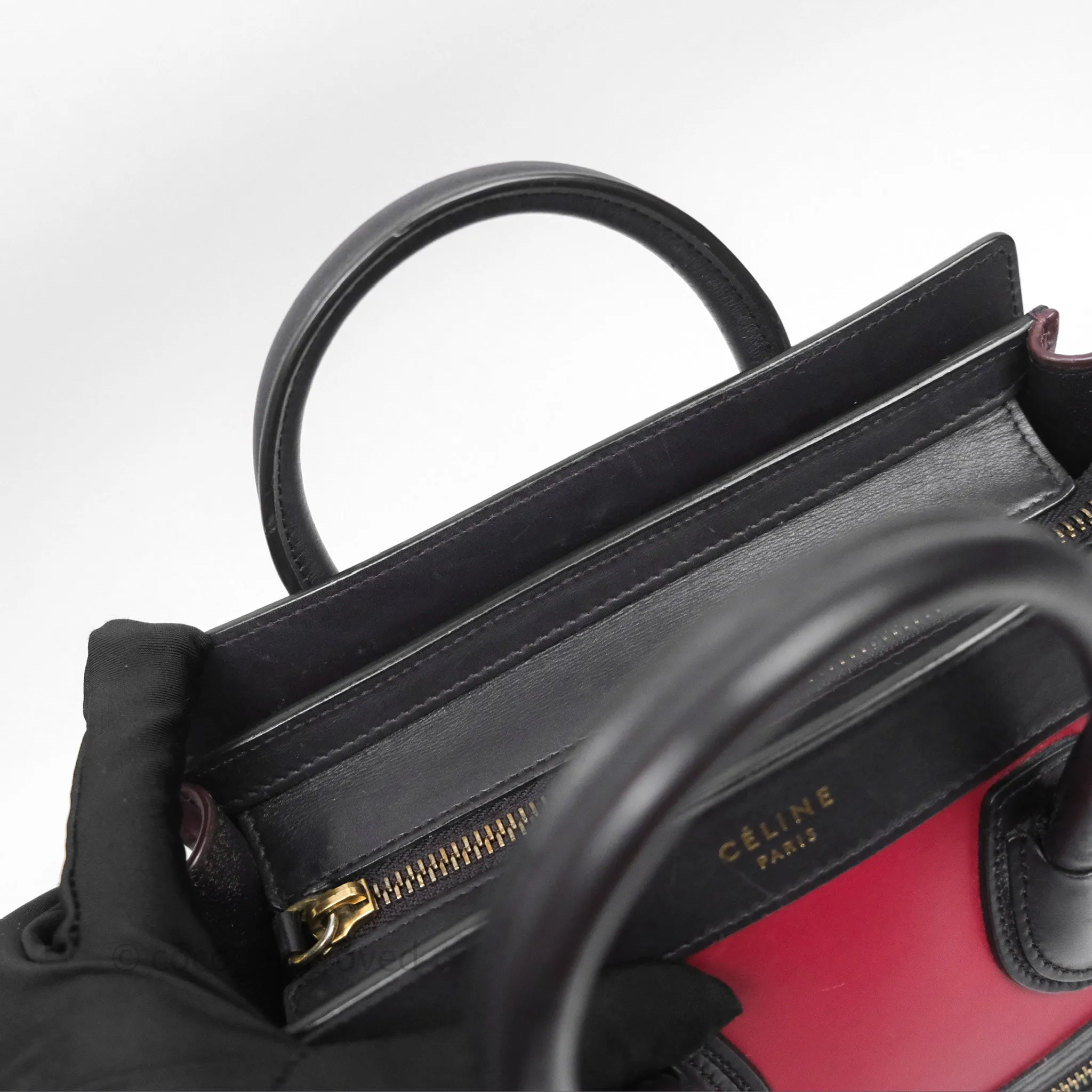 Celine Nano Luggage Satin Calfskin Gold Hardware Red/ Dark Brown