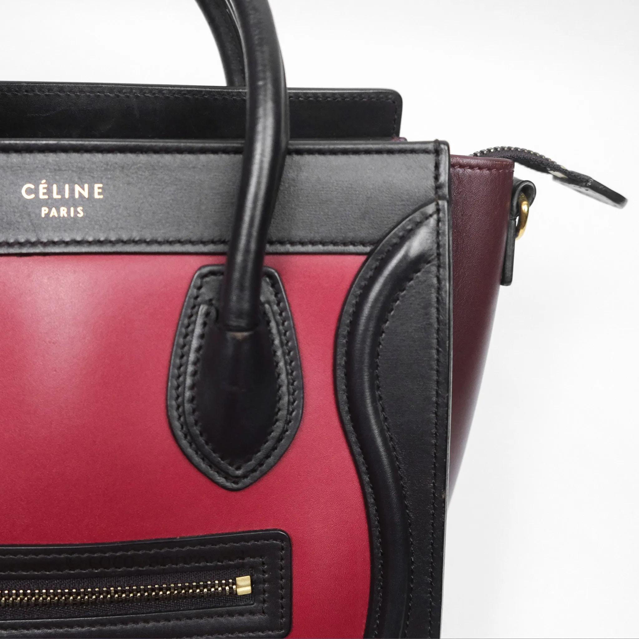 Celine Nano Luggage Satin Calfskin Gold Hardware Red/ Dark Brown