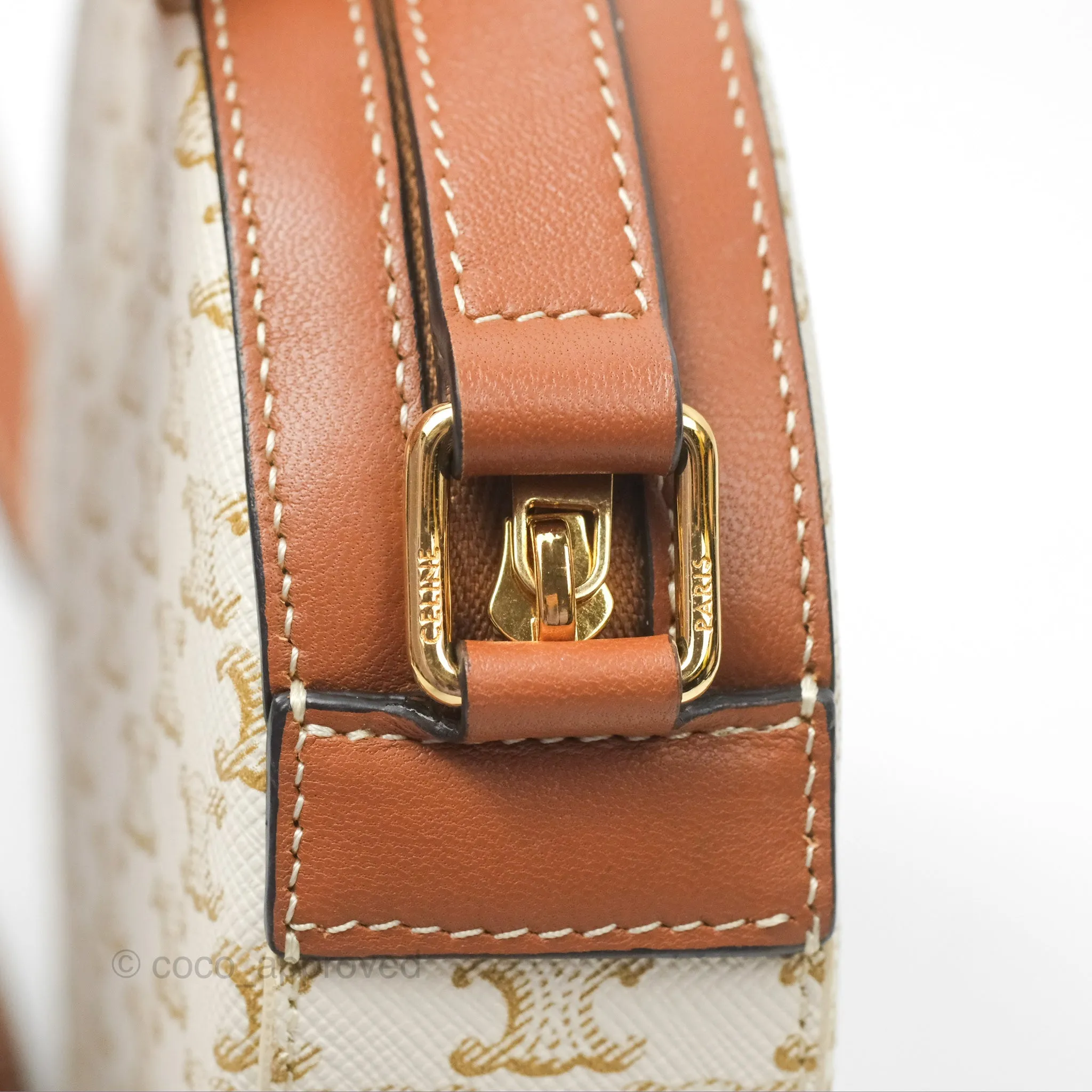 Celine Round Purse on Strap Triomphe Canvas White Tan