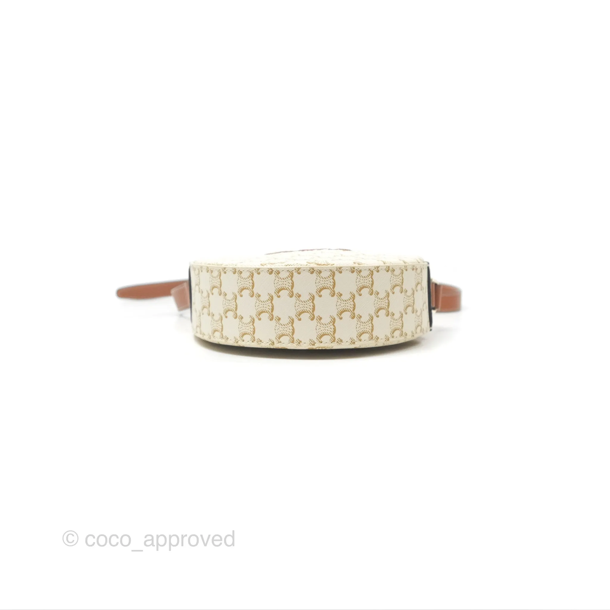Celine Round Purse on Strap Triomphe Canvas White Tan