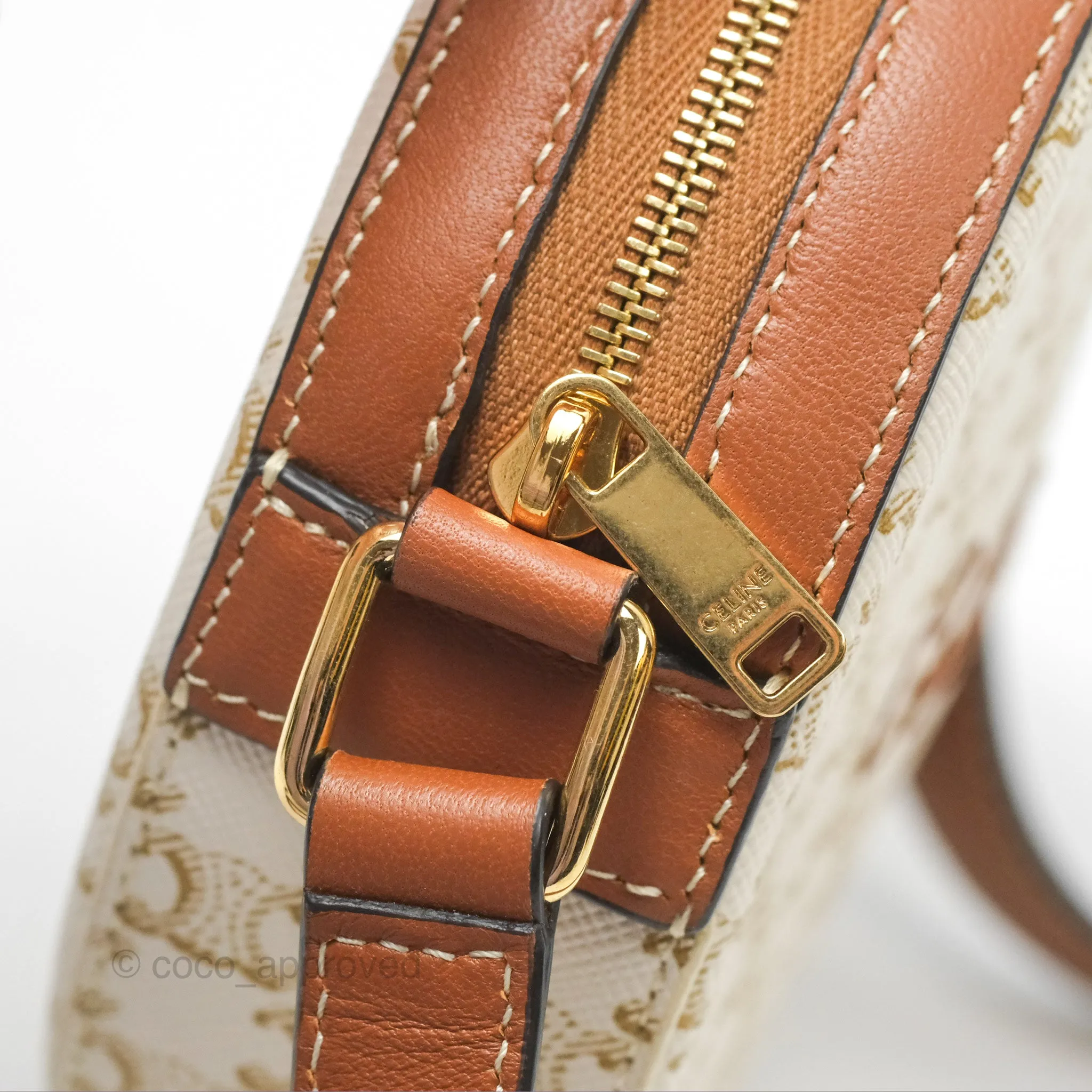 Celine Round Purse on Strap Triomphe Canvas White Tan