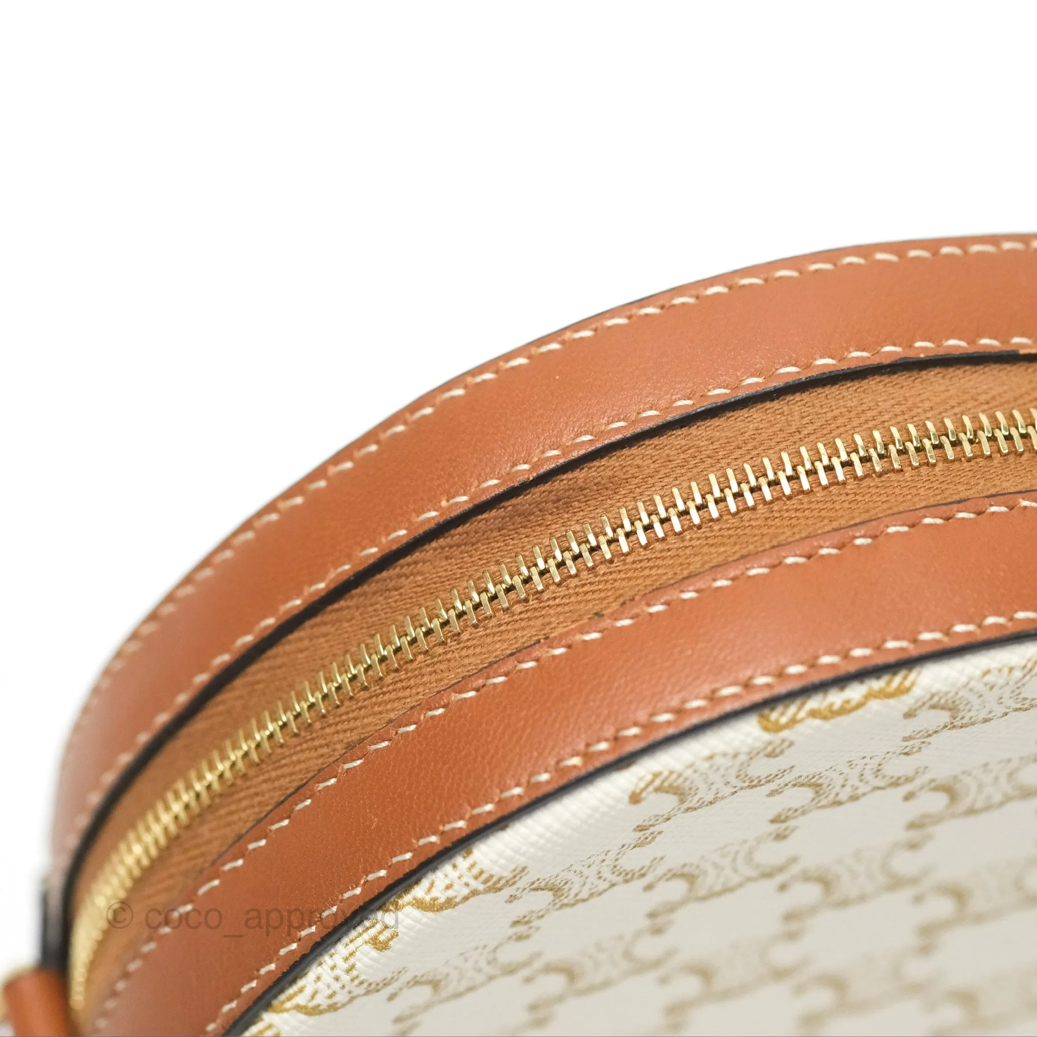 Celine Round Purse on Strap Triomphe Canvas White Tan