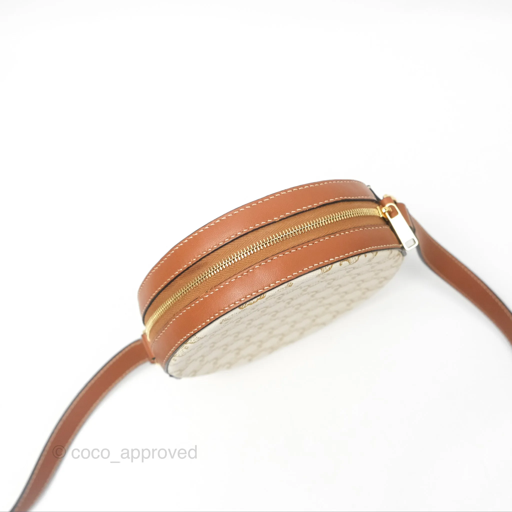 Celine Round Purse on Strap Triomphe Canvas White Tan