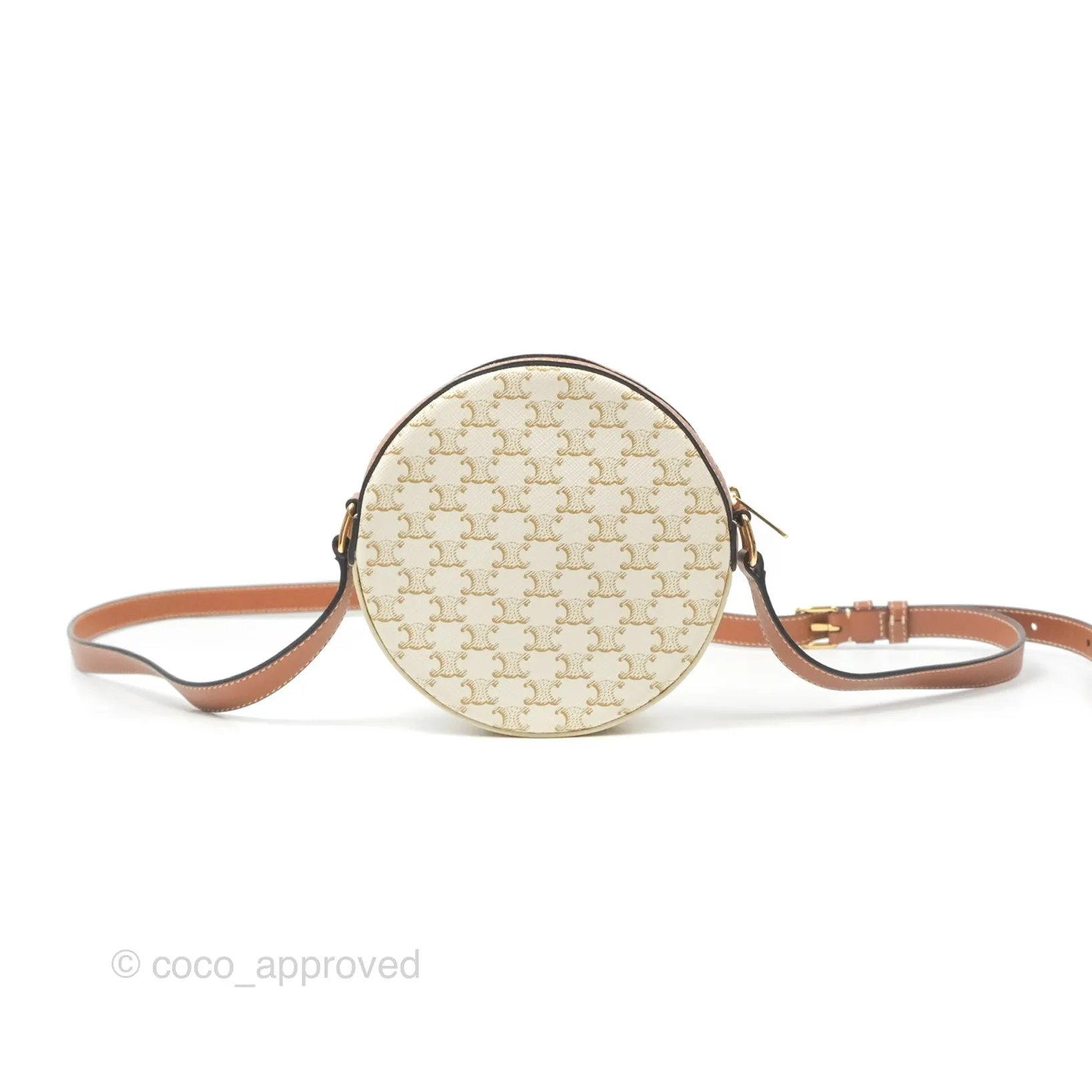 Celine Round Purse on Strap Triomphe Canvas White Tan
