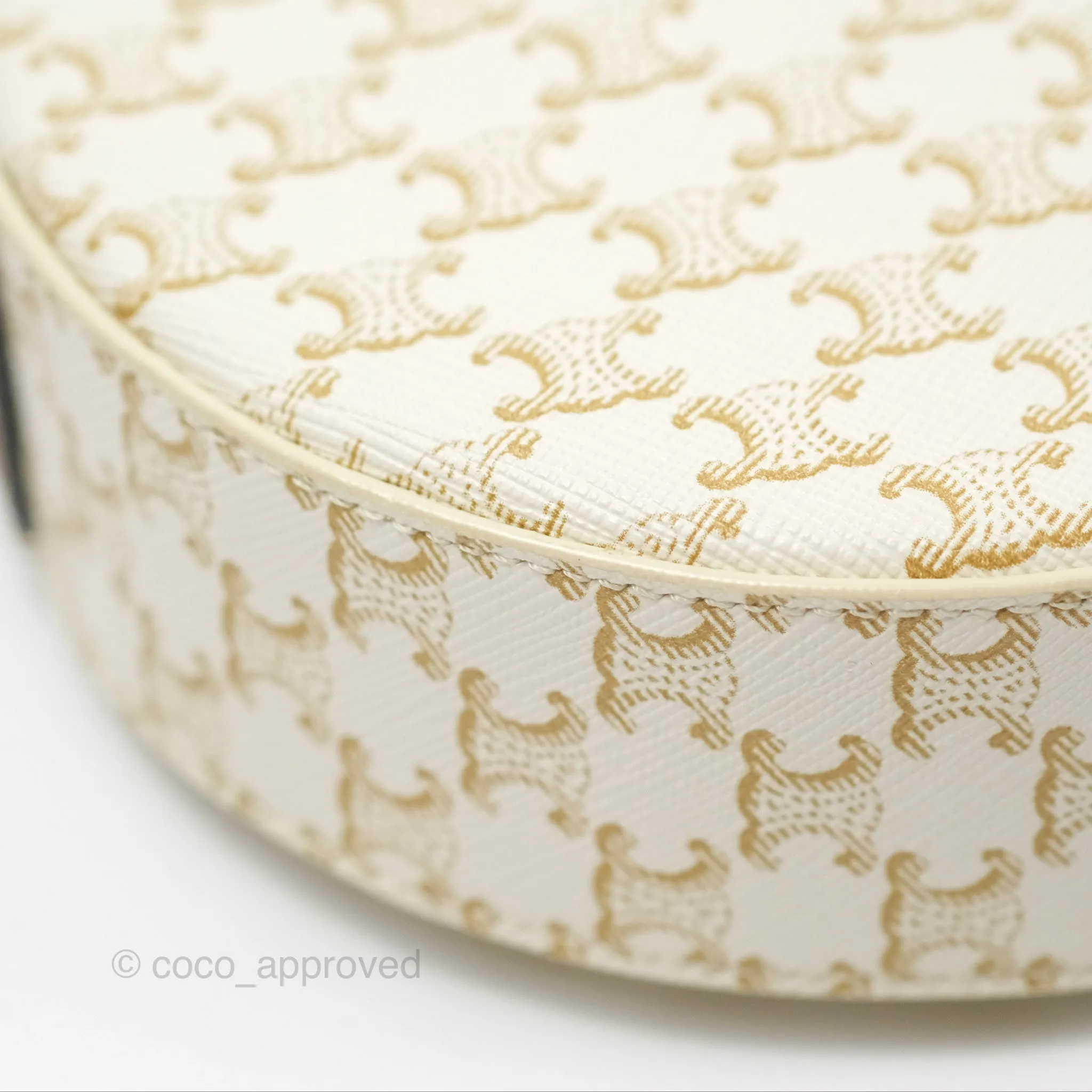Celine Round Purse on Strap Triomphe Canvas White Tan