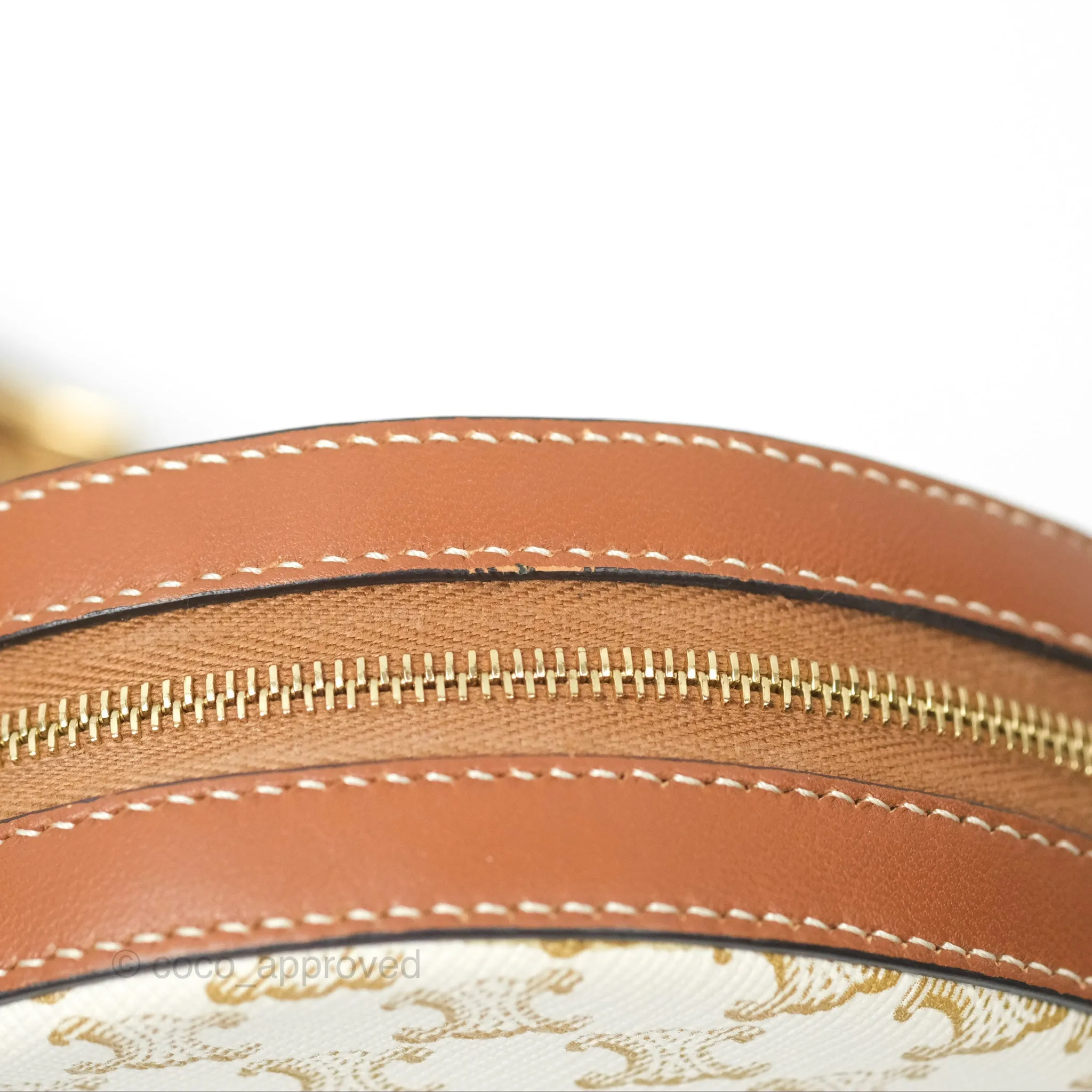 Celine Round Purse on Strap Triomphe Canvas White Tan