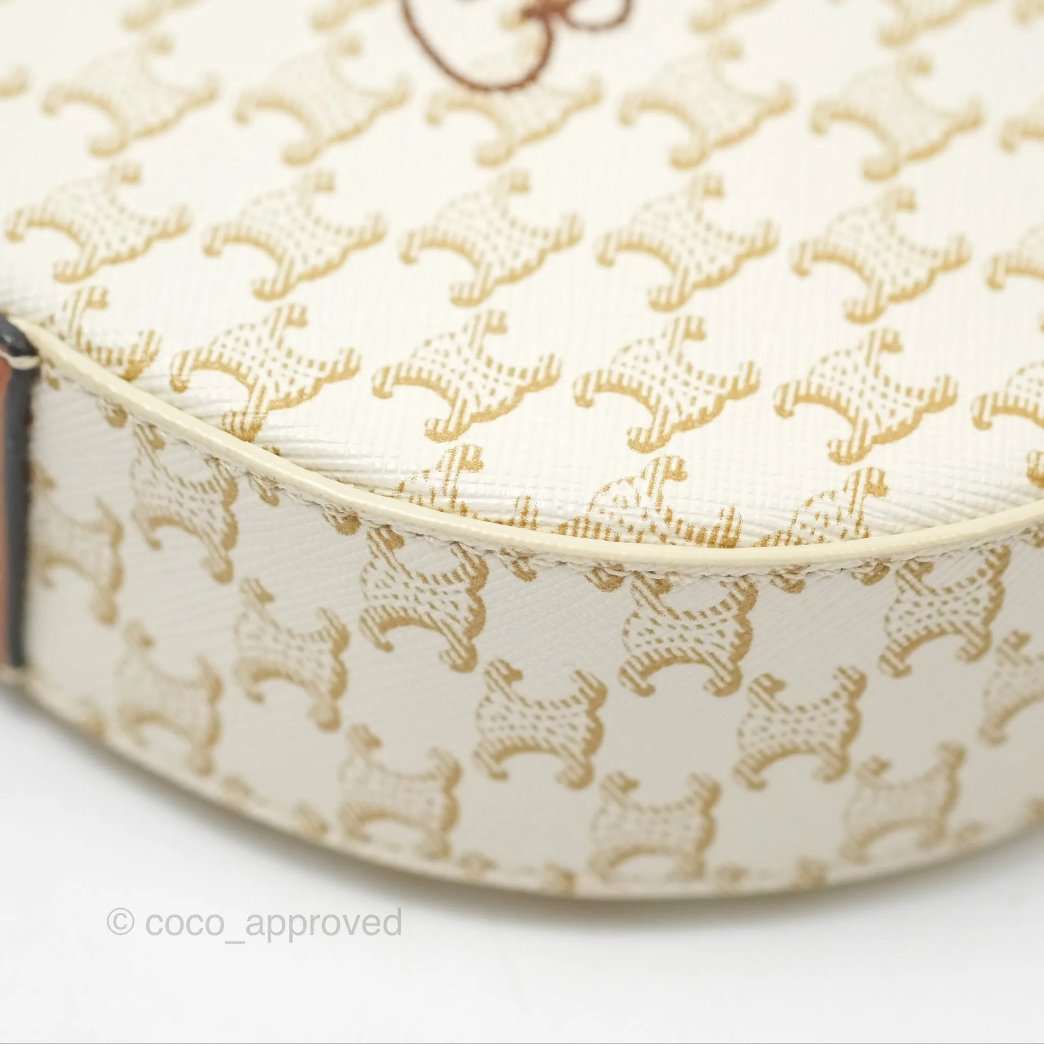 Celine Round Purse on Strap Triomphe Canvas White Tan