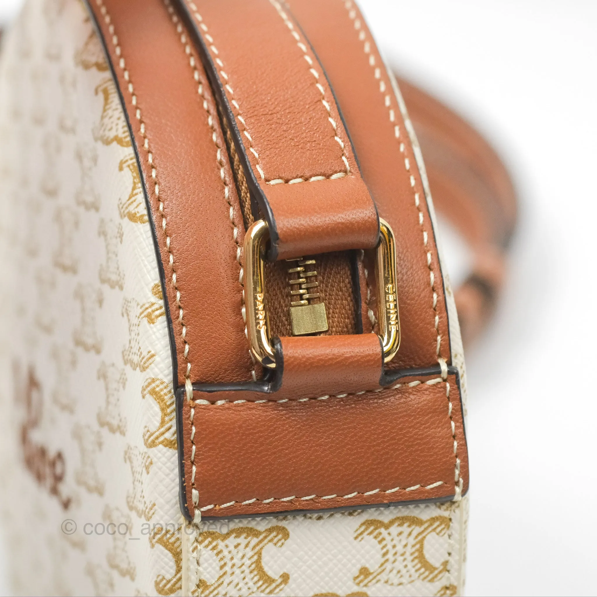 Celine Round Purse on Strap Triomphe Canvas White Tan