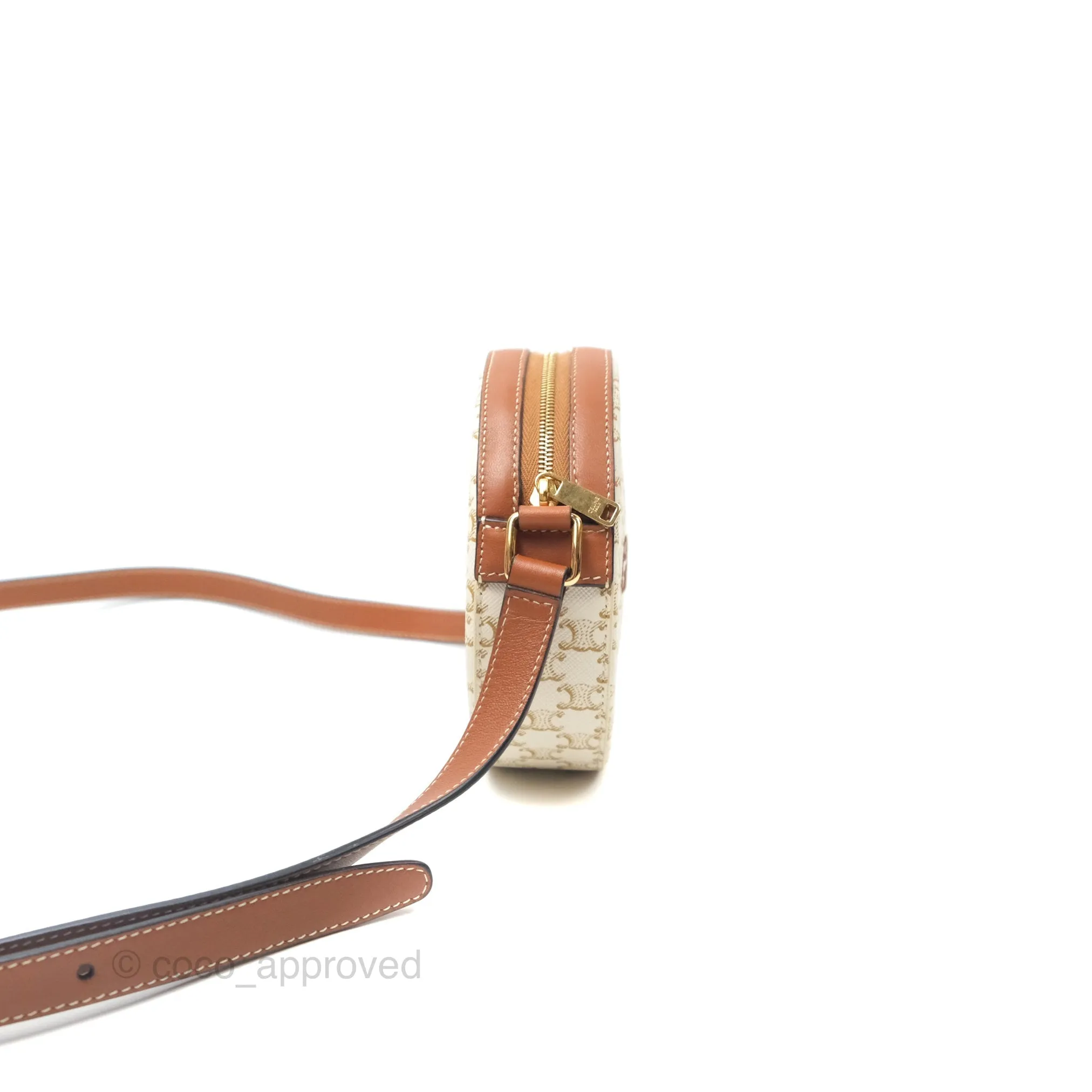 Celine Round Purse on Strap Triomphe Canvas White Tan