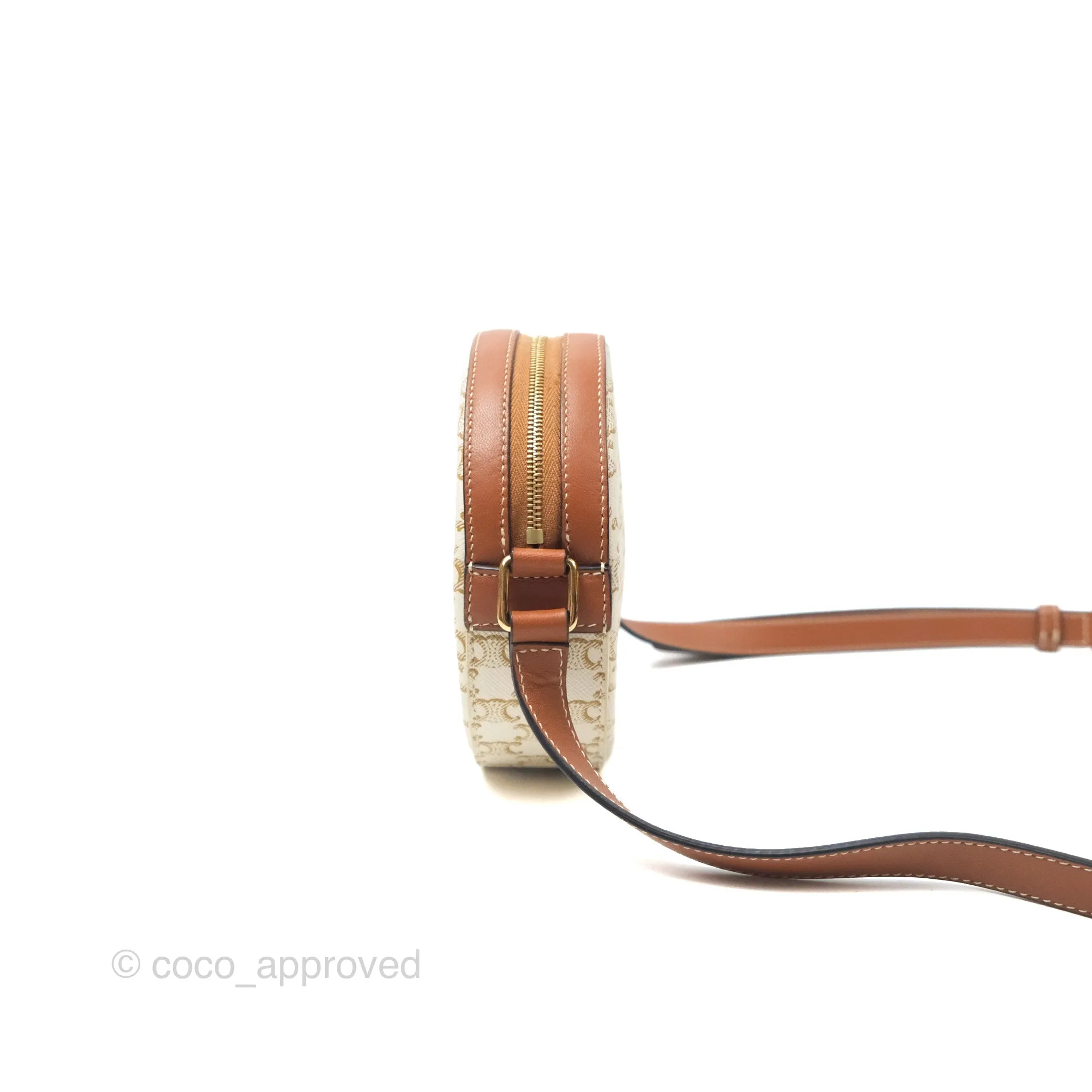 Celine Round Purse on Strap Triomphe Canvas White Tan