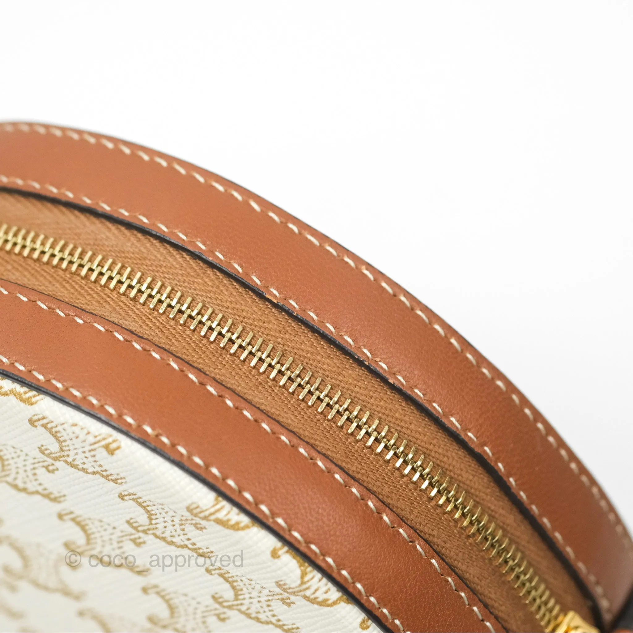Celine Round Purse on Strap Triomphe Canvas White Tan