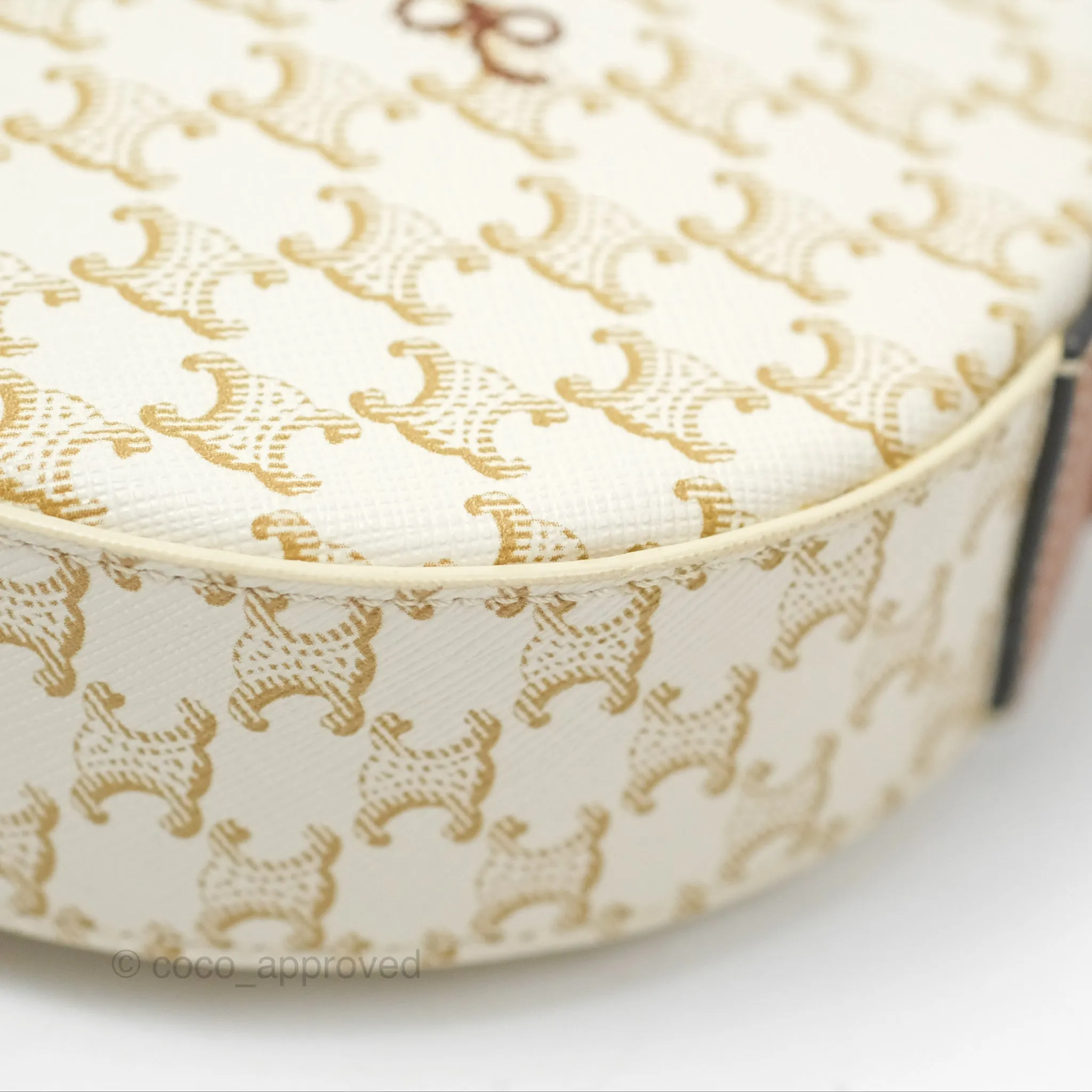 Celine Round Purse on Strap Triomphe Canvas White Tan