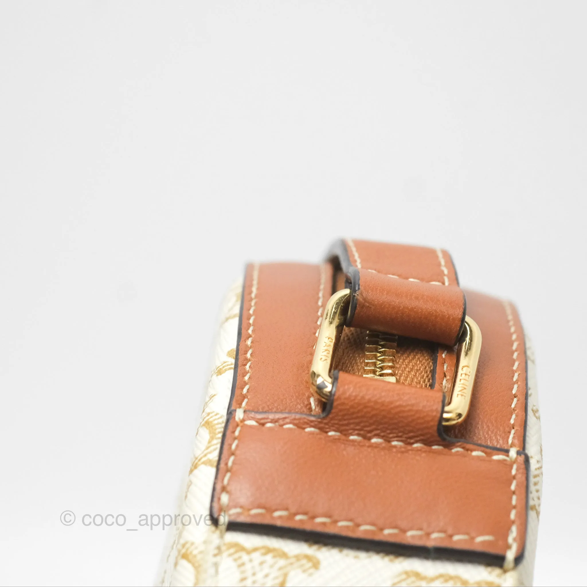 Celine Round Purse on Strap Triomphe Canvas White Tan