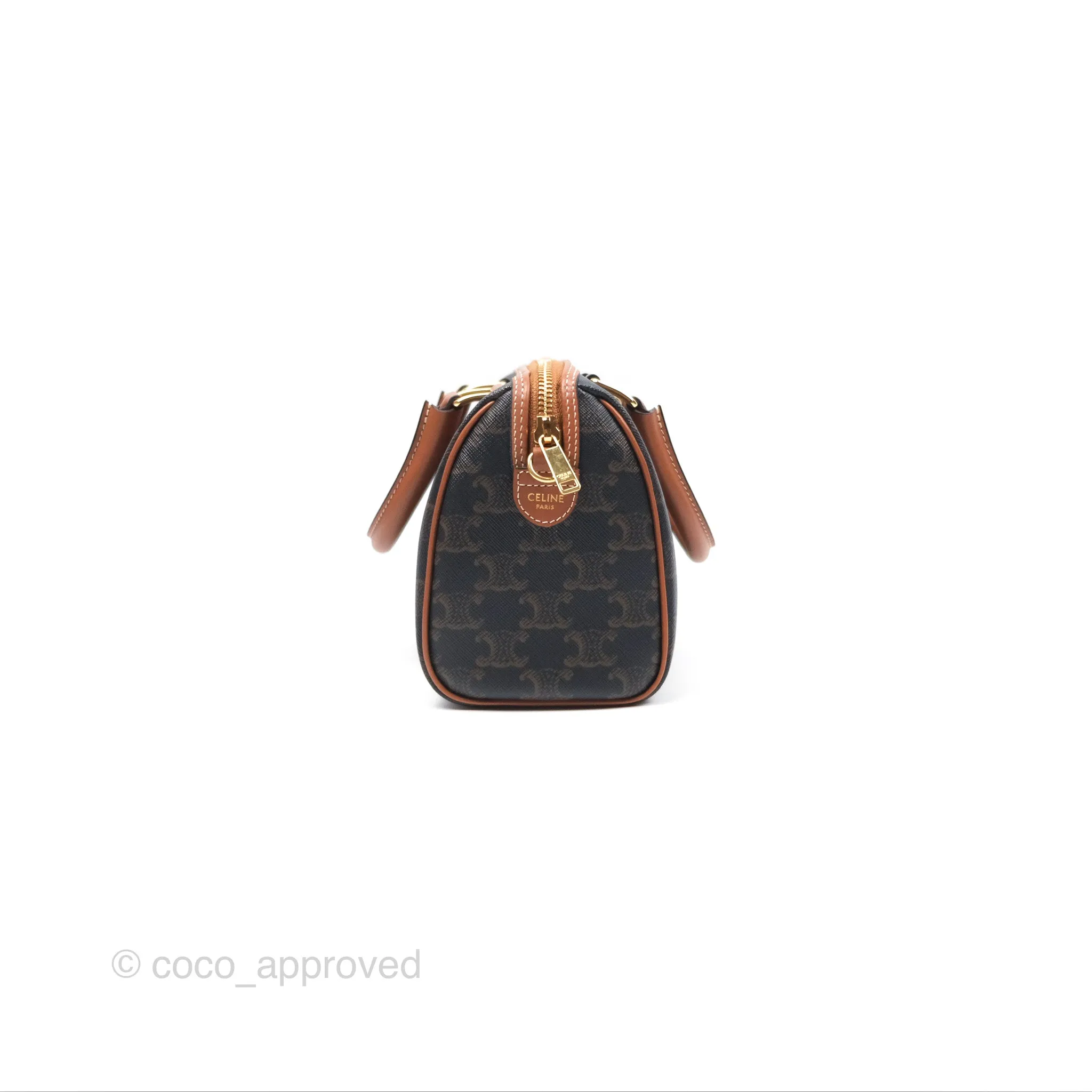 Celine Small Boston Bag Triomphe Canvas Tan Calfskin