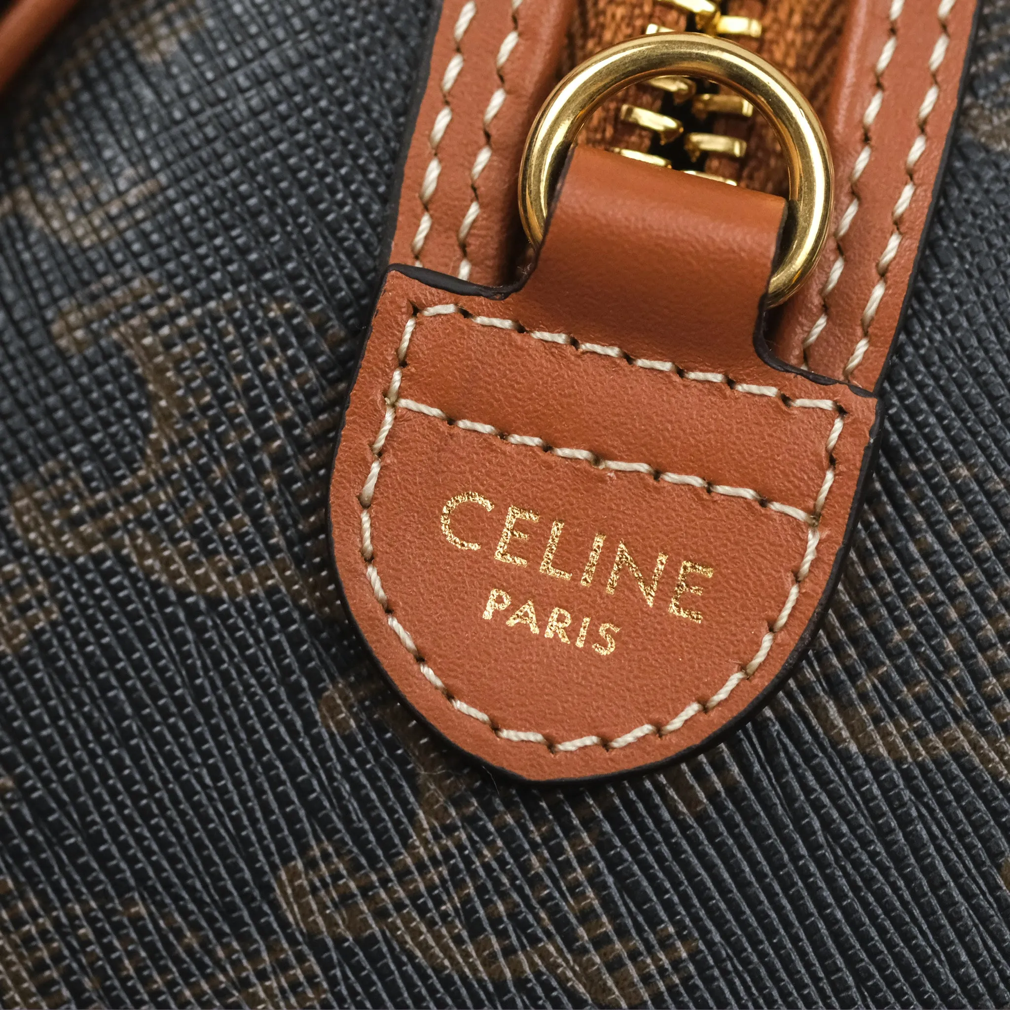 Celine Small Boston Bag Triomphe Canvas Tan Calfskin