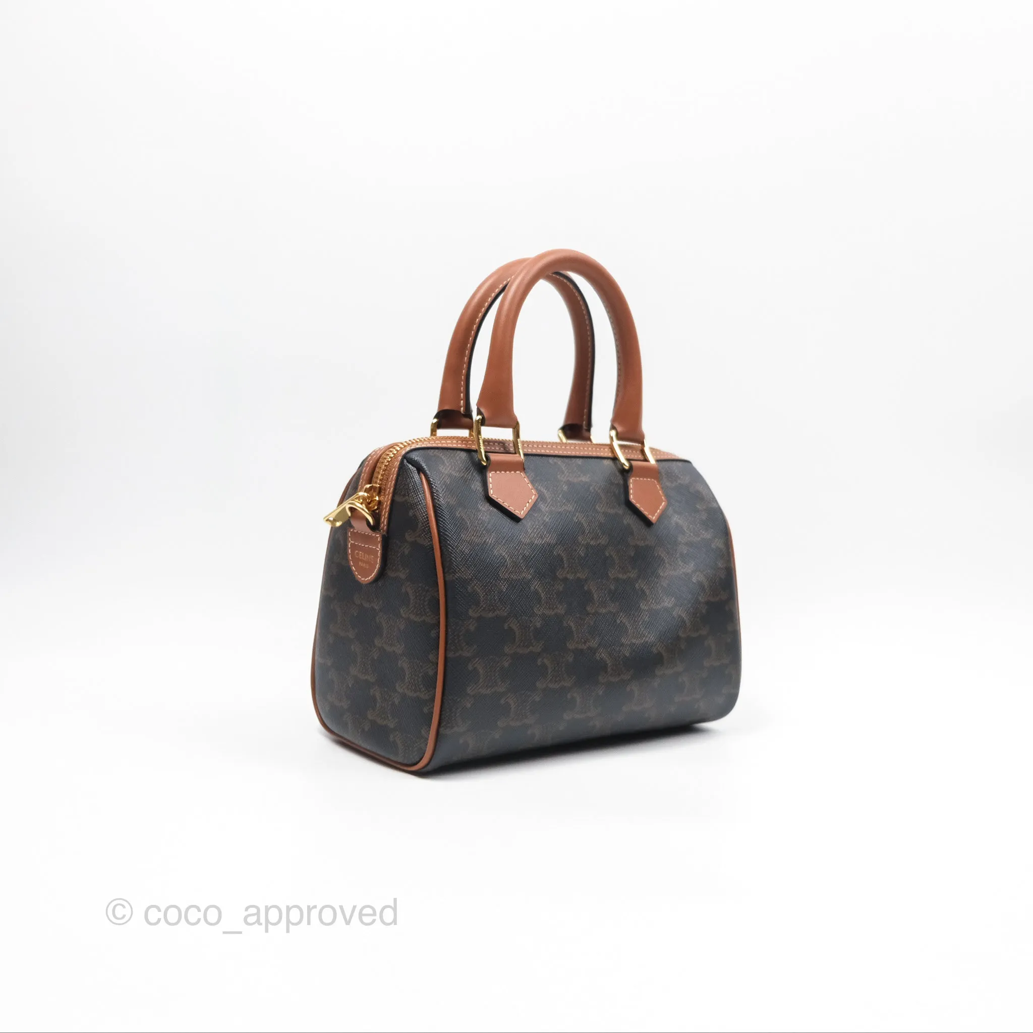Celine Small Boston Bag Triomphe Canvas Tan Calfskin