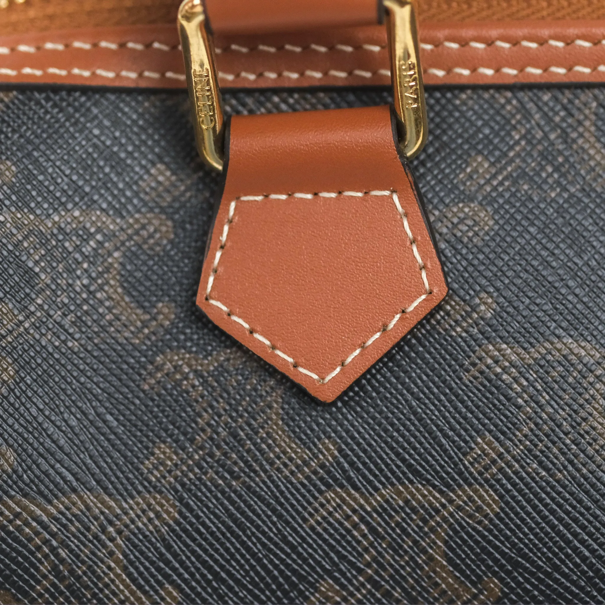 Celine Small Boston Bag Triomphe Canvas Tan Calfskin
