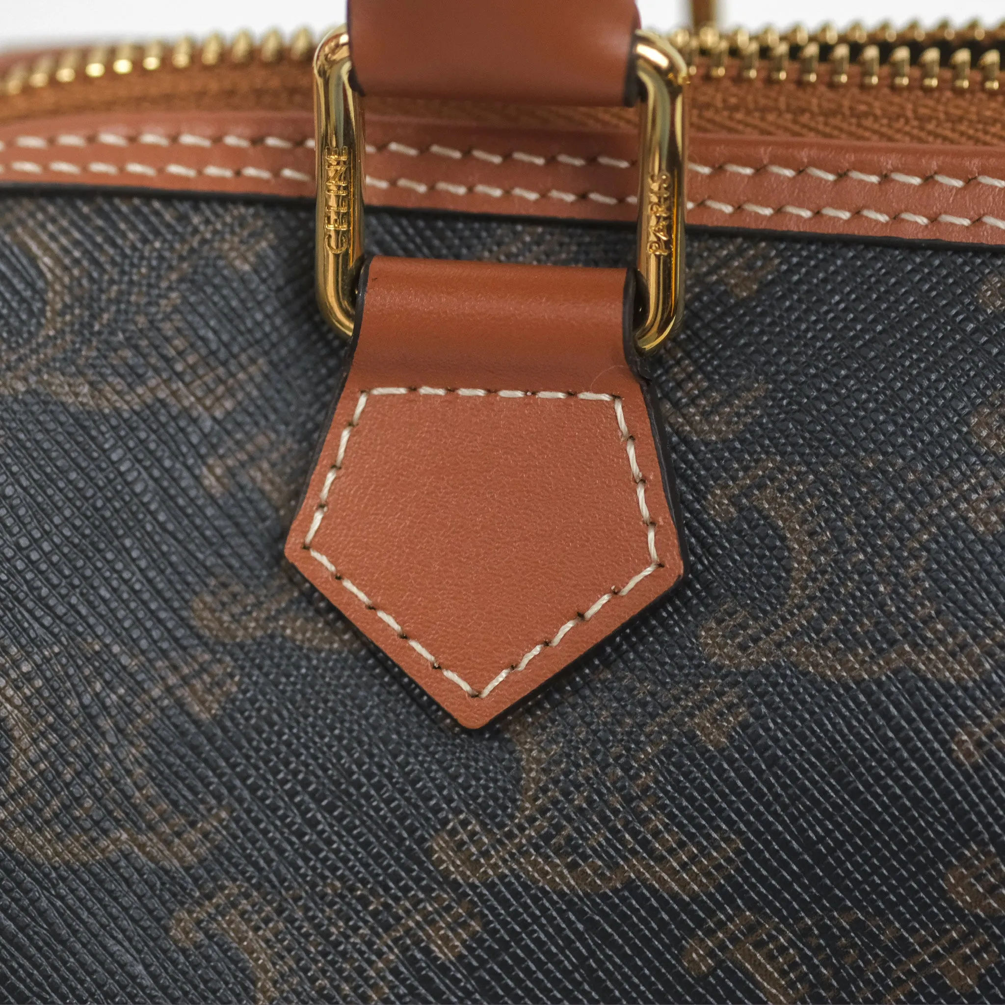 Celine Small Boston Bag Triomphe Canvas Tan Calfskin