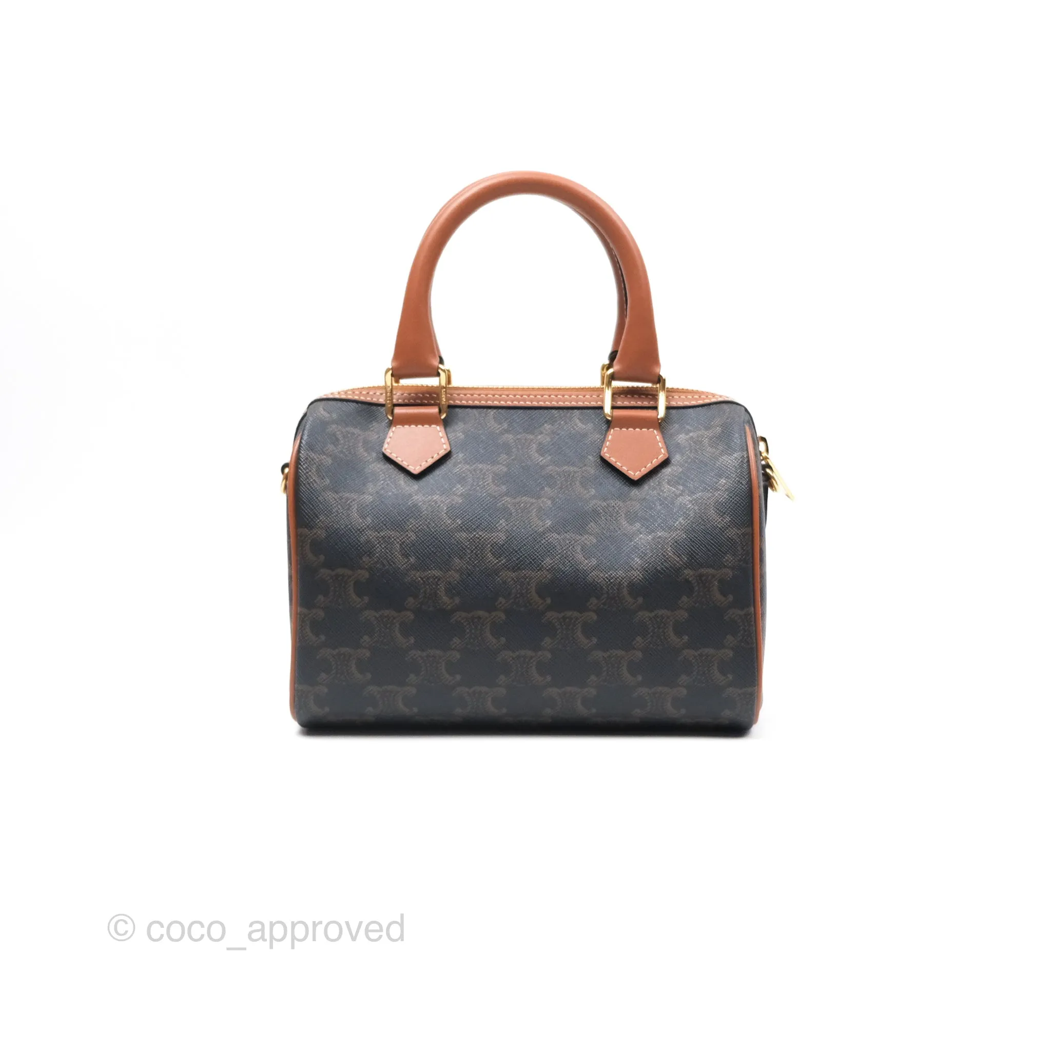 Celine Small Boston Bag Triomphe Canvas Tan Calfskin