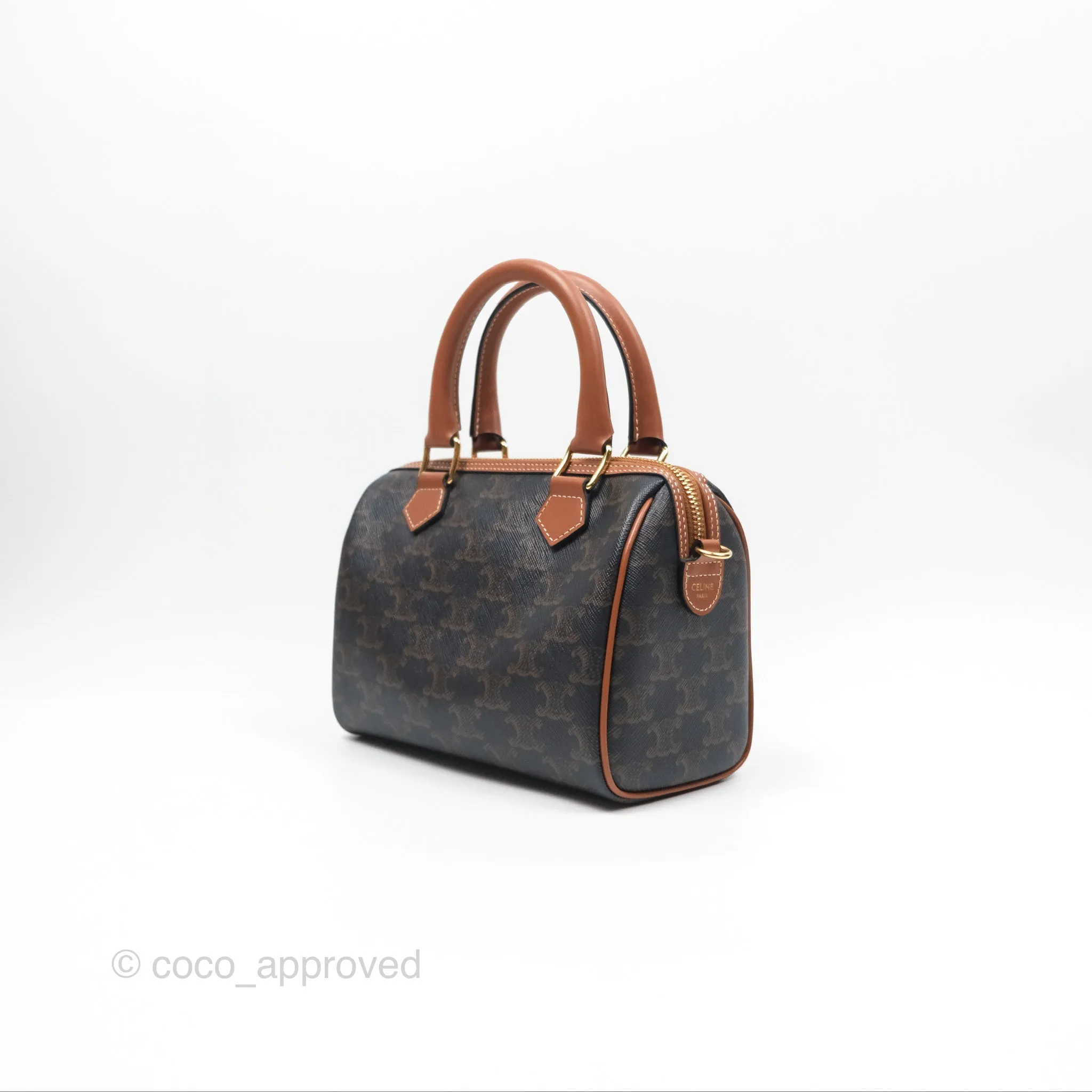 Celine Small Boston Bag Triomphe Canvas Tan Calfskin