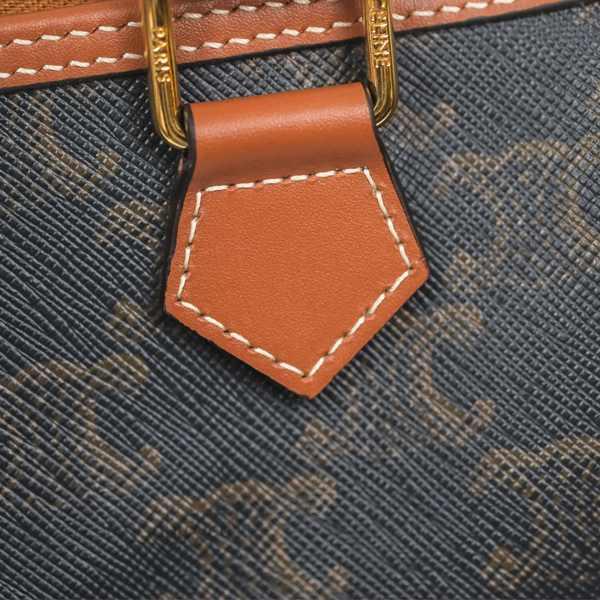 Celine Small Boston Bag Triomphe Canvas Tan Calfskin
