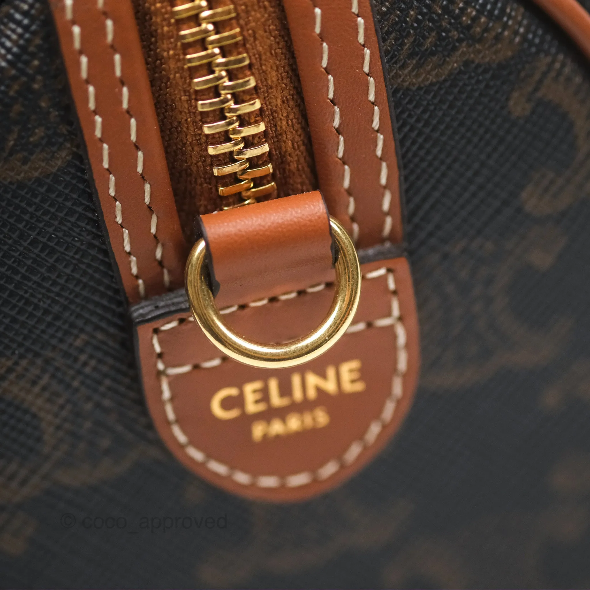 Celine Small Boston Bag Triomphe Canvas Tan Calfskin