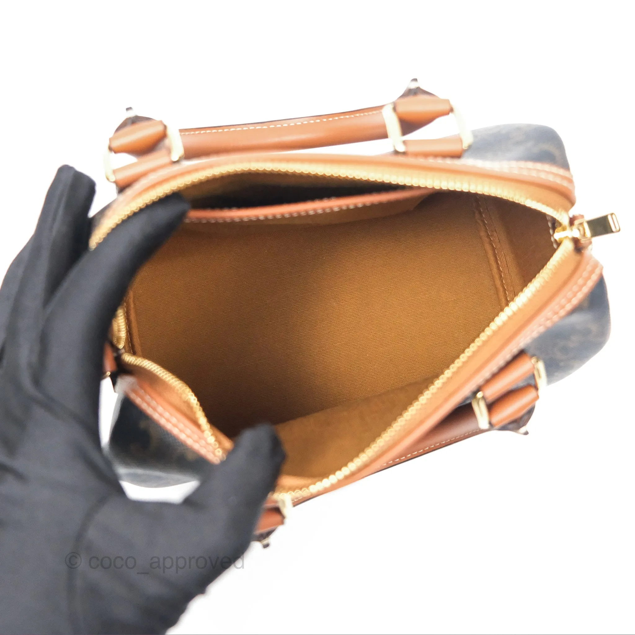 Celine Small Boston Bag Triomphe Canvas Tan Calfskin