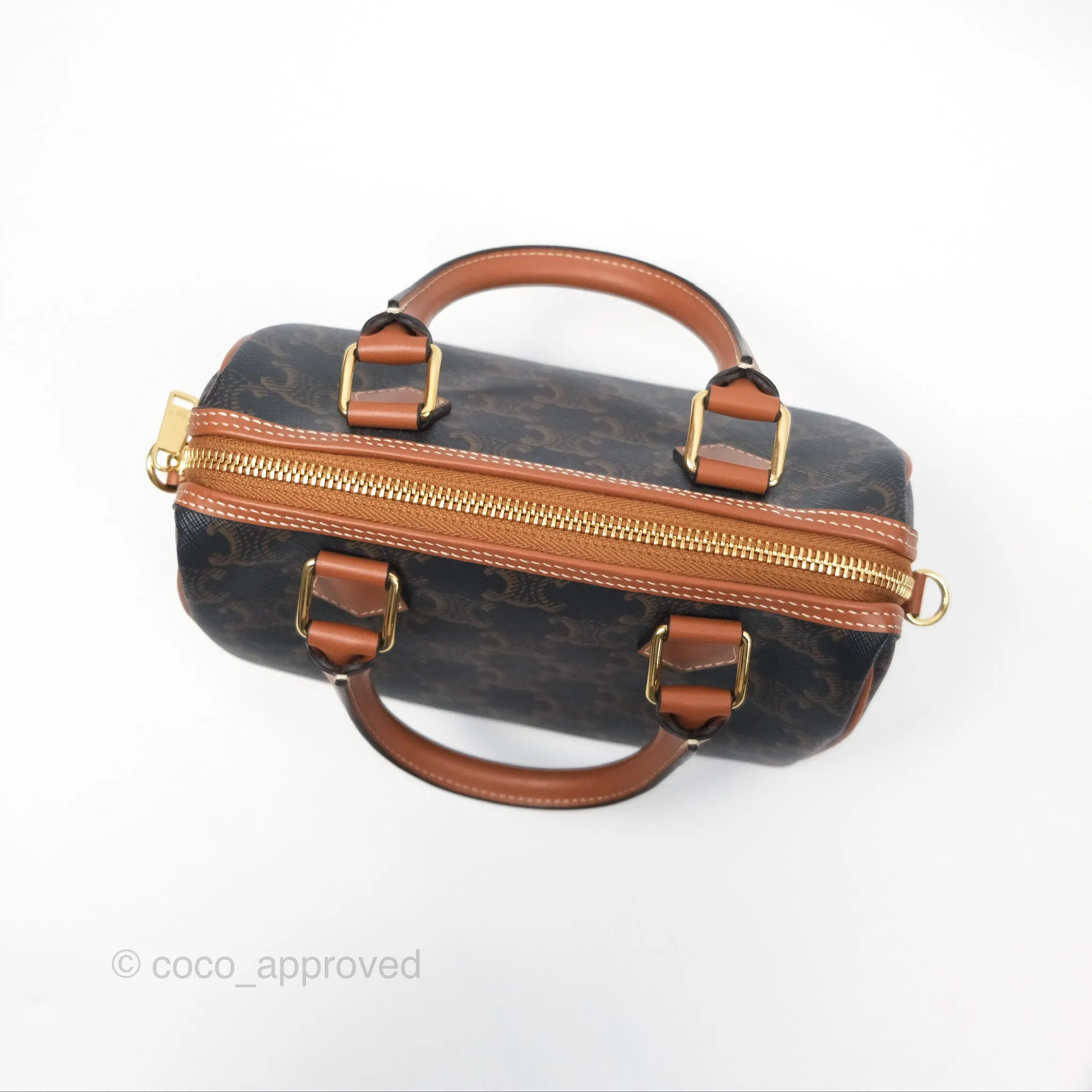 Celine Small Boston Bag Triomphe Canvas Tan Calfskin