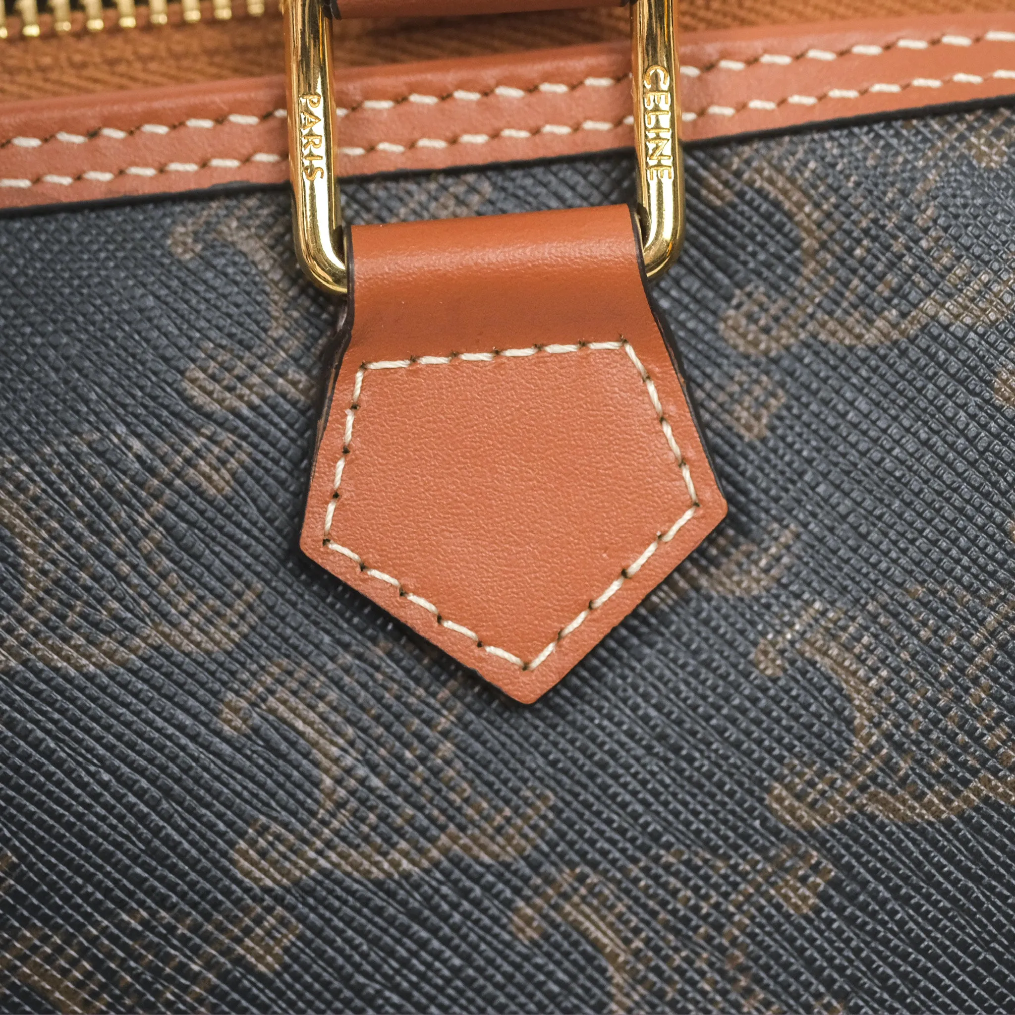 Celine Small Boston Bag Triomphe Canvas Tan Calfskin