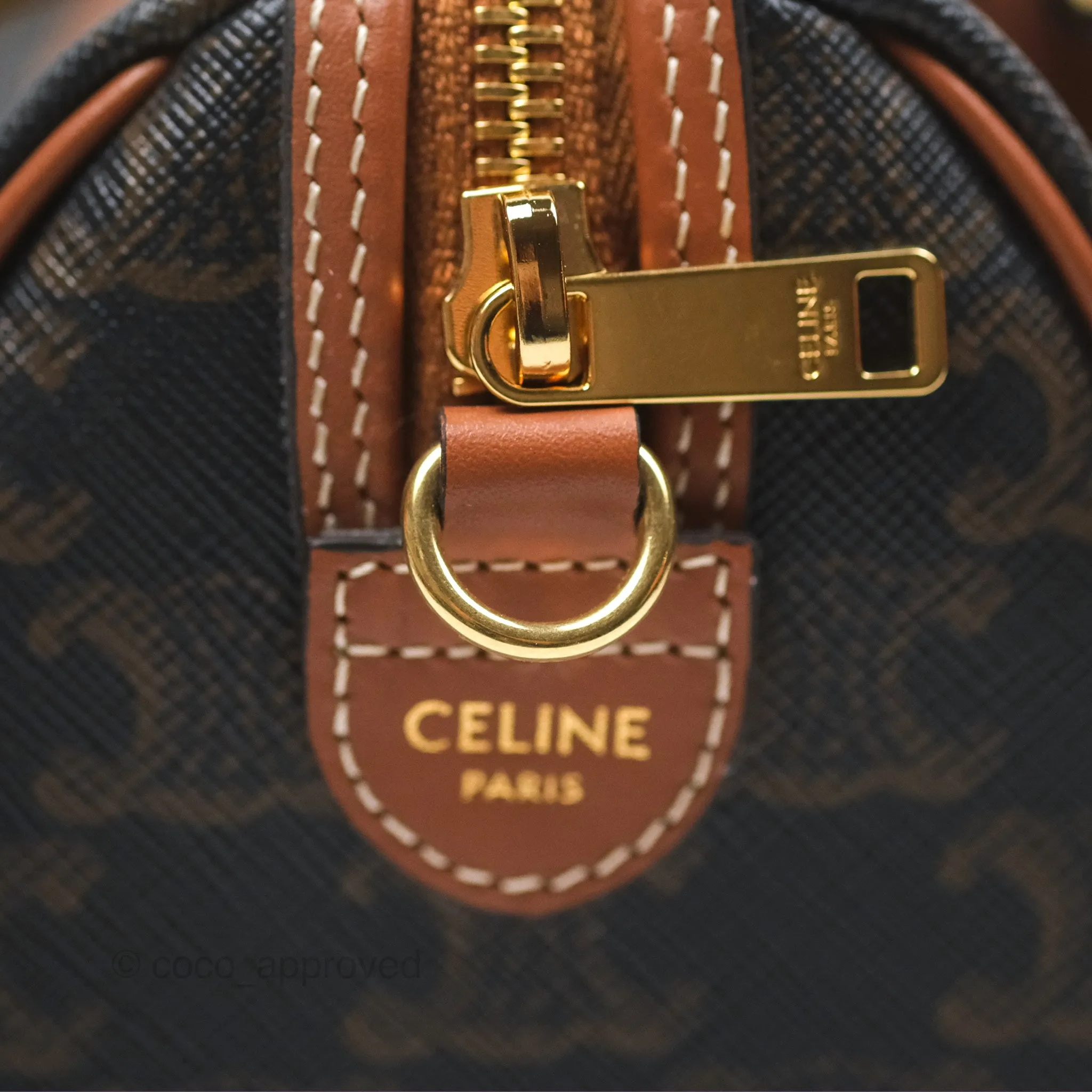 Celine Small Boston Bag Triomphe Canvas Tan Calfskin