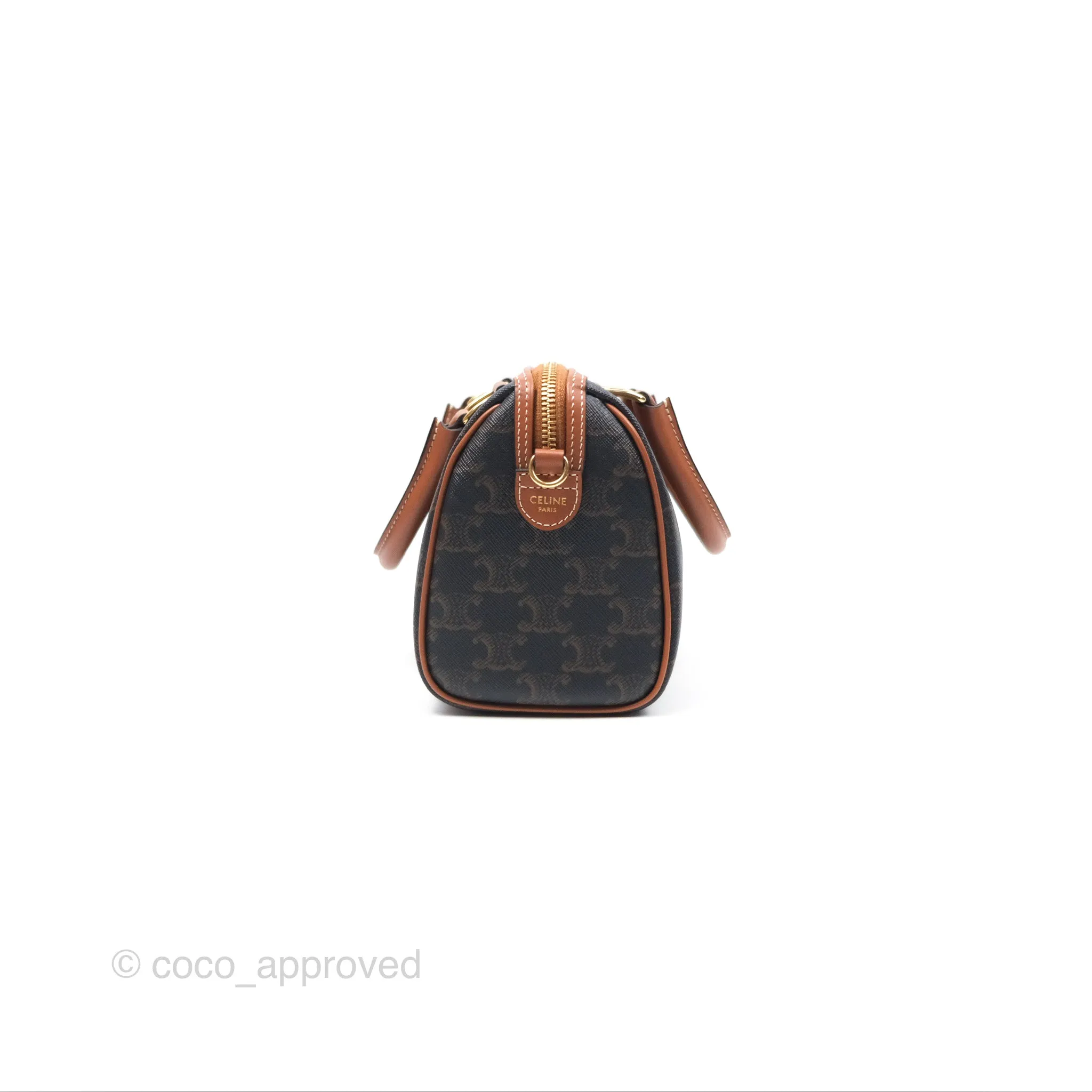 Celine Small Boston Bag Triomphe Canvas Tan Calfskin