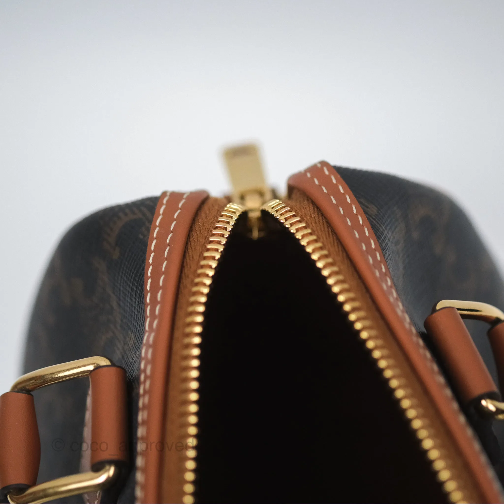 Celine Small Boston Bag Triomphe Canvas Tan Calfskin