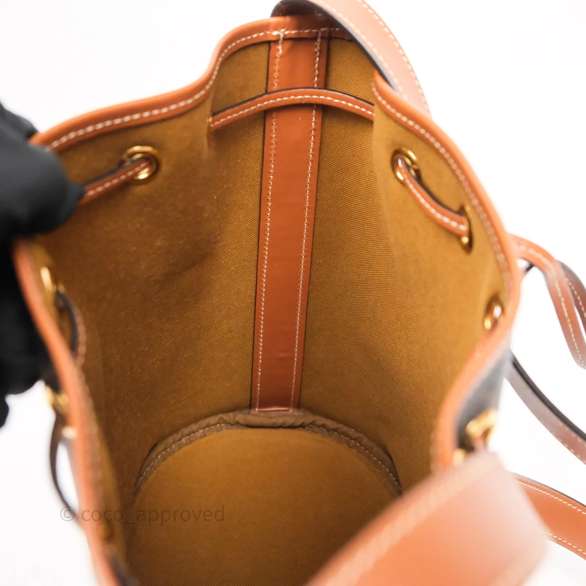 Celine Small Drawstring Bucket Bag Triomphe Canvas Tan Black