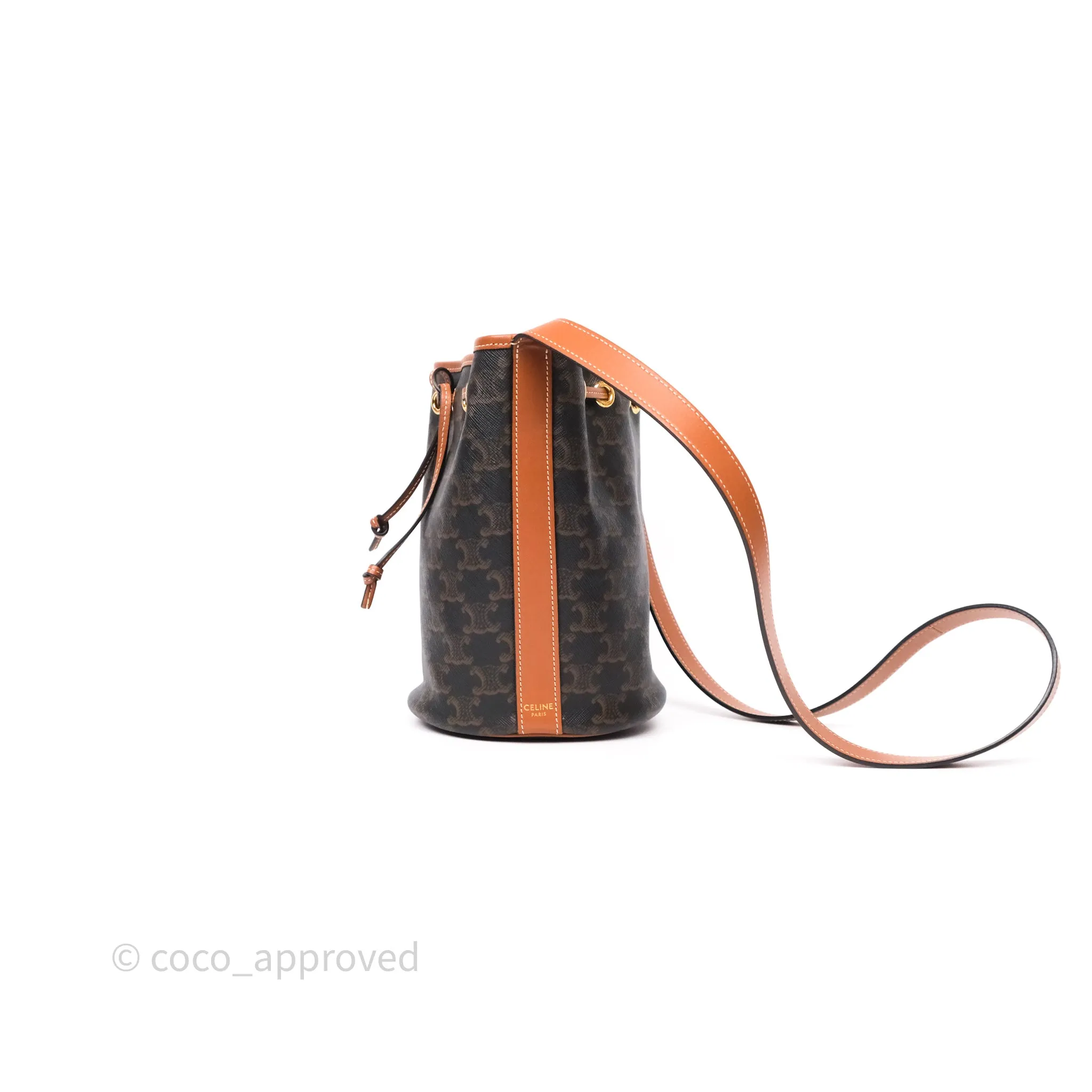 Celine Small Drawstring Bucket Bag Triomphe Canvas Tan Black