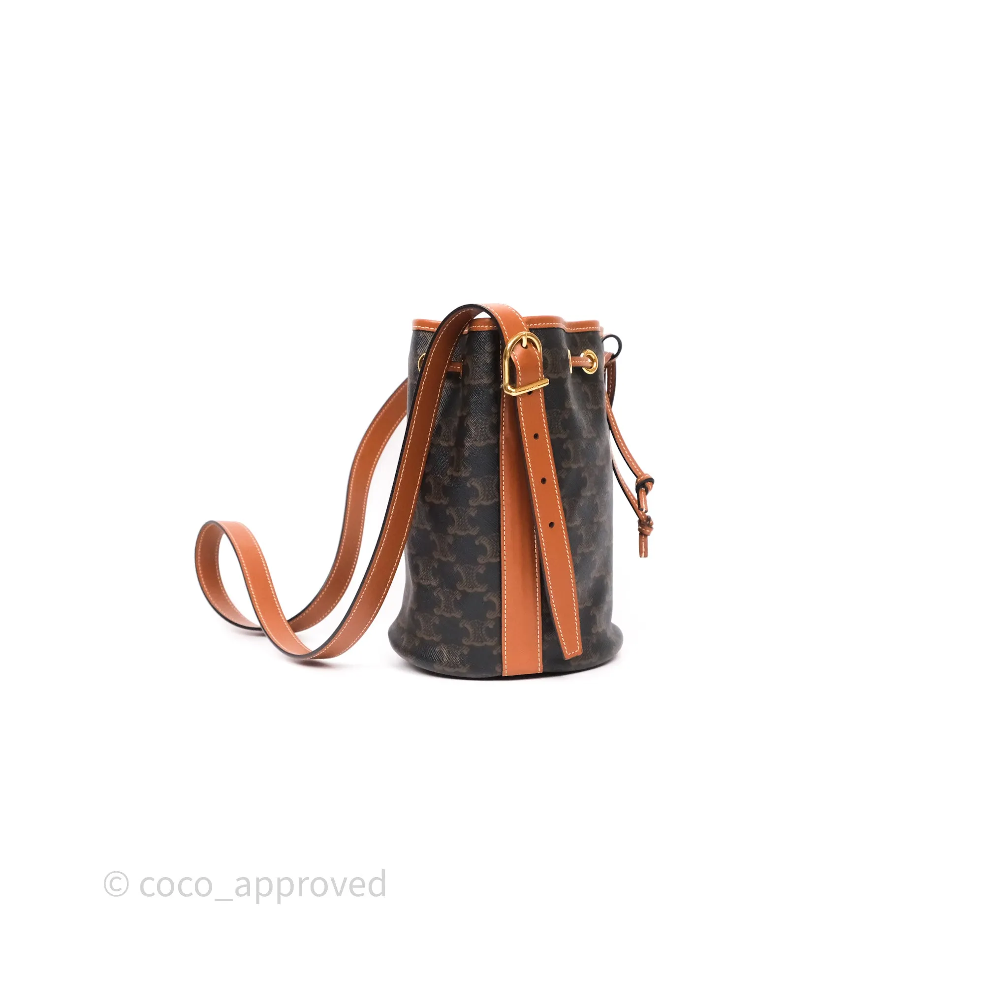 Celine Small Drawstring Bucket Bag Triomphe Canvas Tan Black